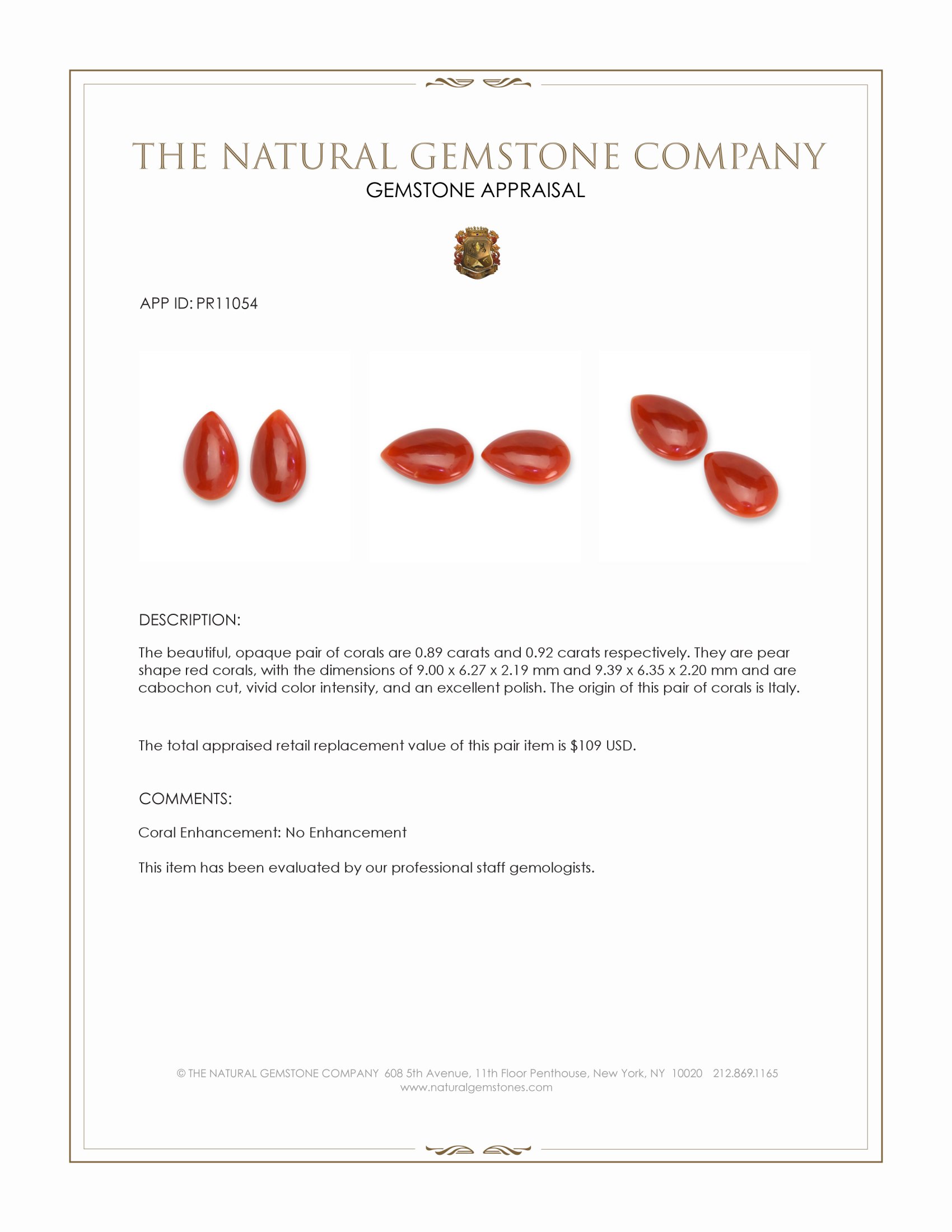 1.60 Ct.Tw. Orangish Red Cabochon Coral Pair from Italy