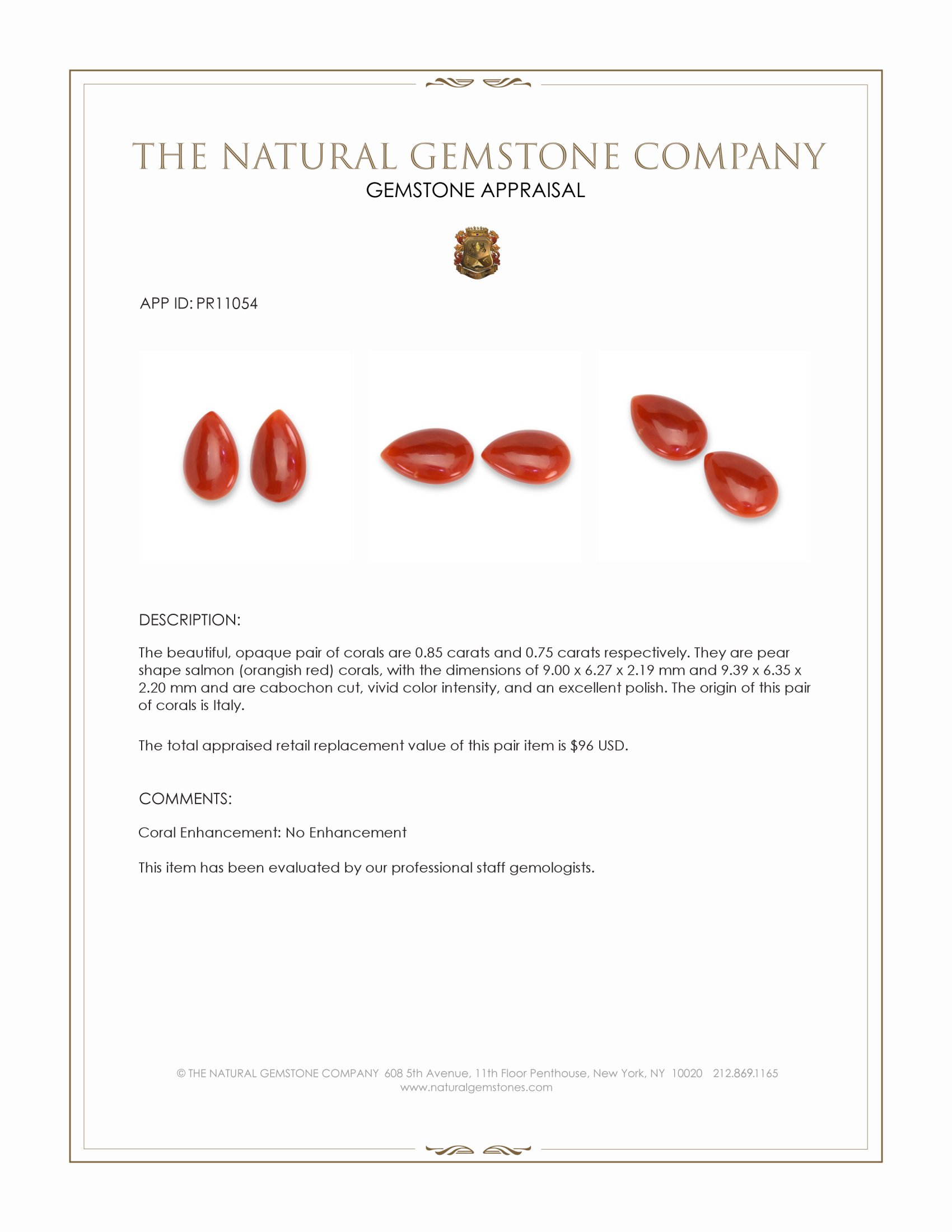 1.60 Ct.Tw. Salmon (Orangish Red) Cabochon Coral Pair from Italy