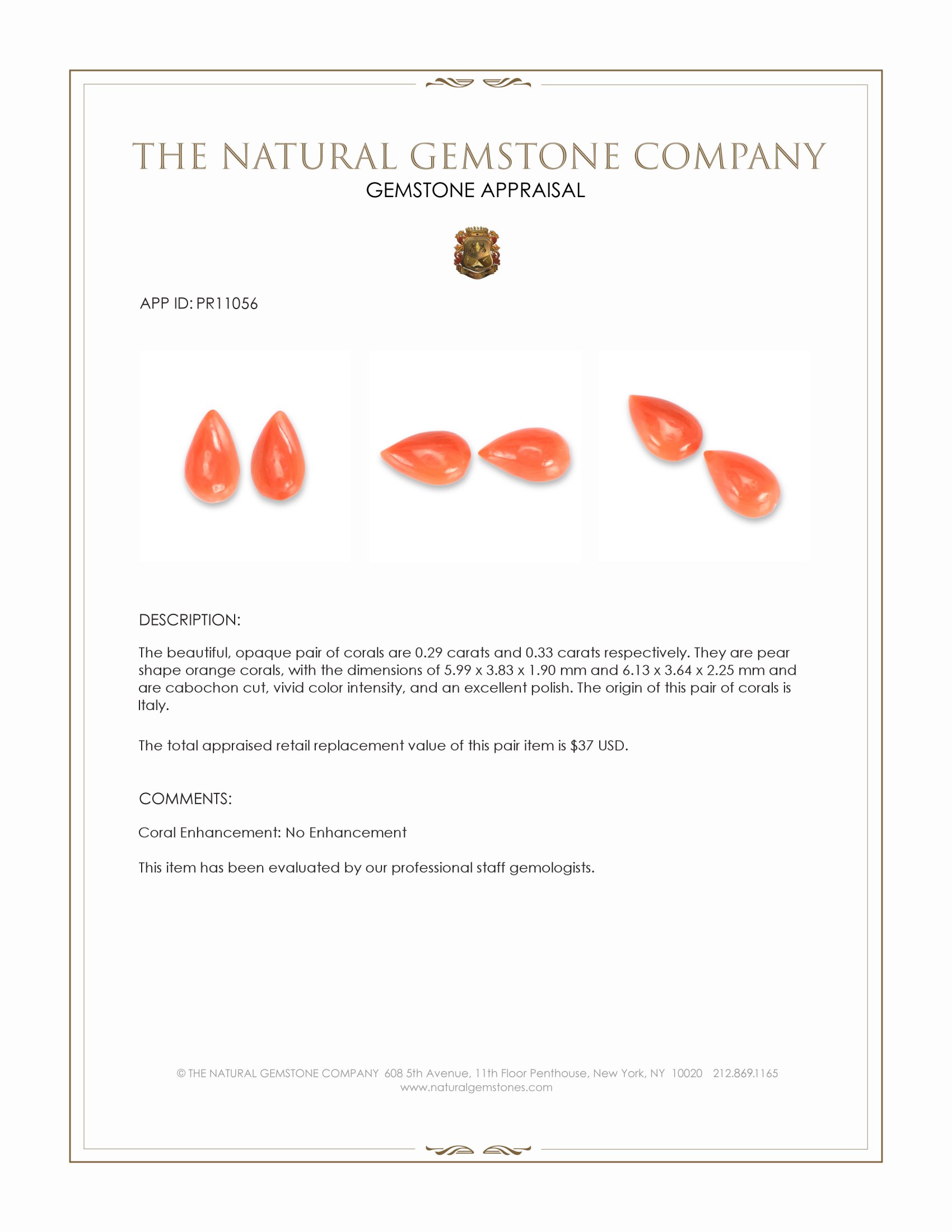 0.62 Ct.Tw. Salmon (Orange) Cabochon Coral Pair from Italy