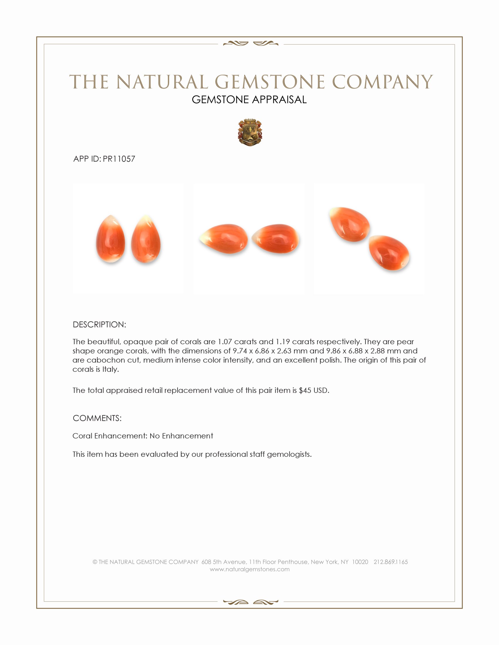 2.26 Ct.Tw. Salmon (Orange) Cabochon Coral Pair from Italy