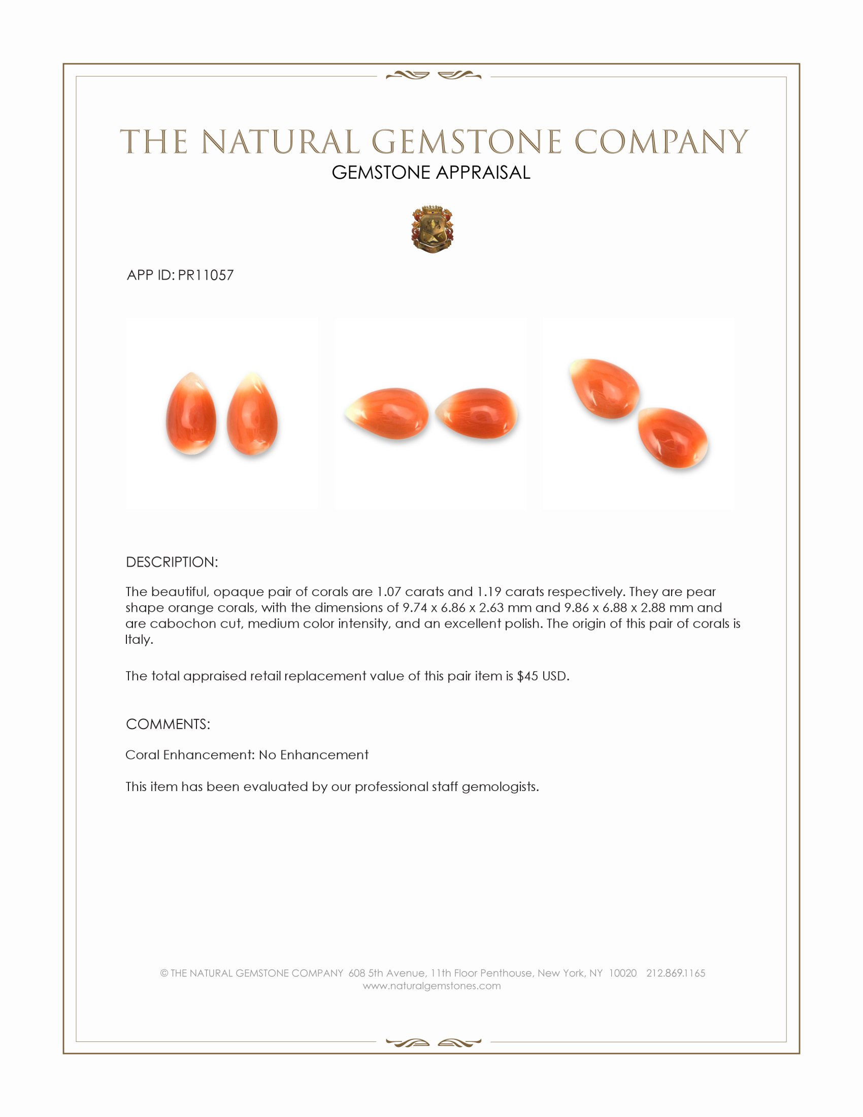 2.26 Ct.Tw. Cabochon Coral Pair from Italy