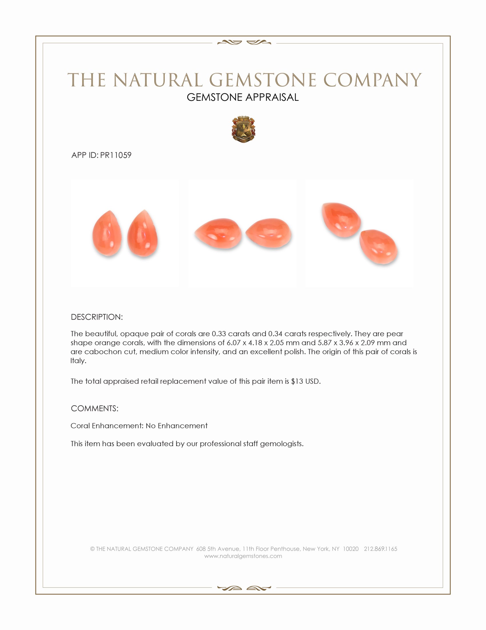 0.67 Ct.Tw. Cabochon Coral Pair from Italy