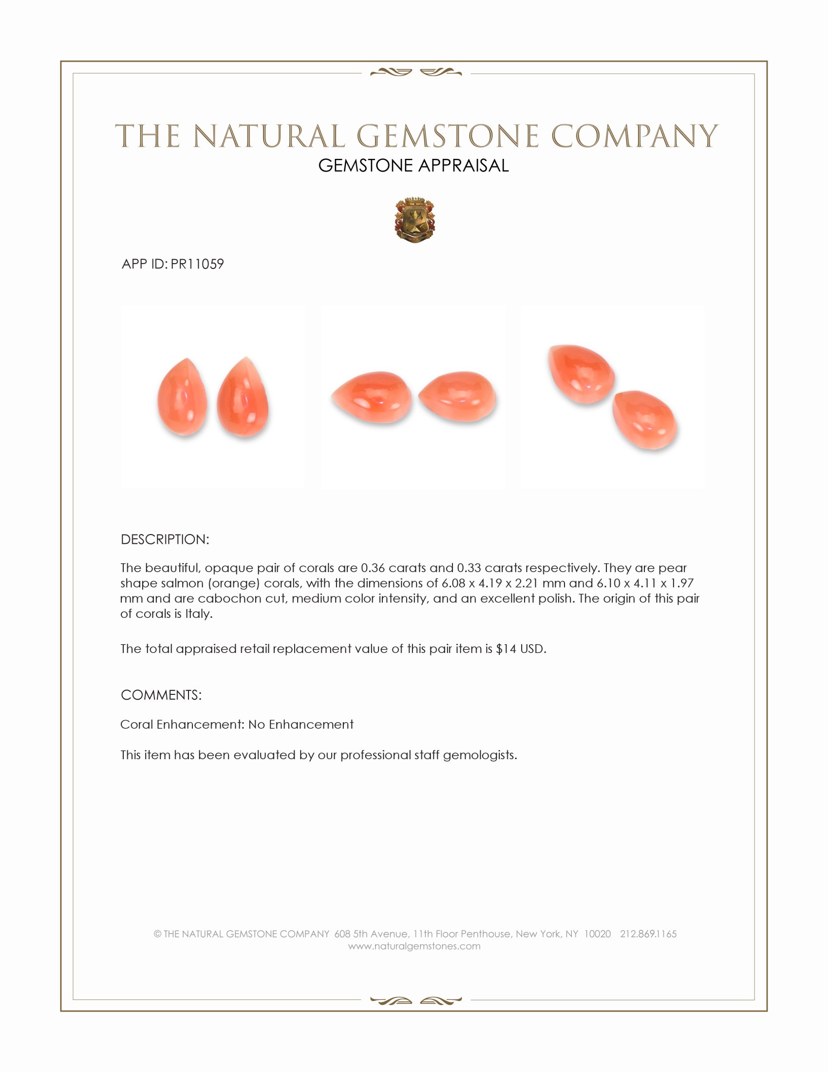 0.69 Ct.Tw. Salmon (Orange) Cabochon Coral Pair from Italy