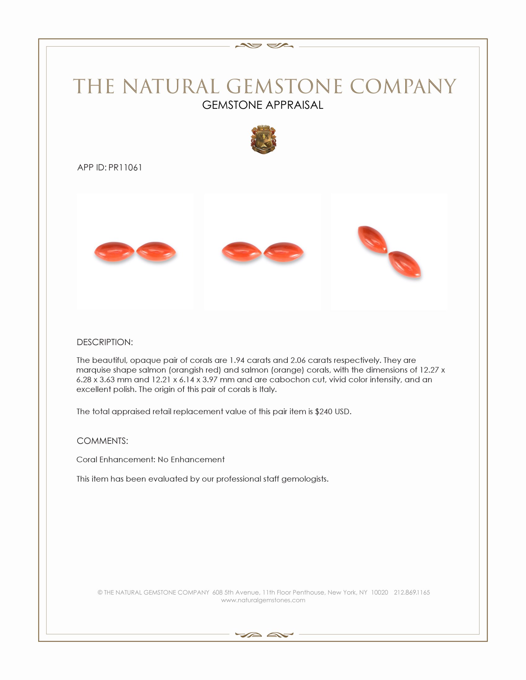 4.00 Ct.Tw. Salmon (Orangish Red) Cabochon Coral Pair from Italy