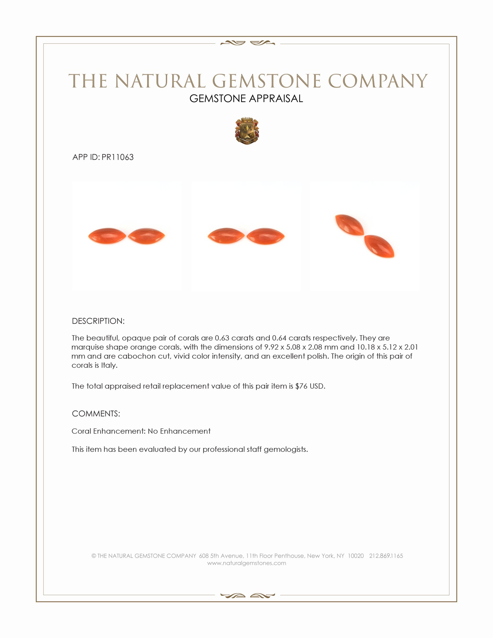 1.27 Ct.Tw. Cabochon Coral Pair from Italy