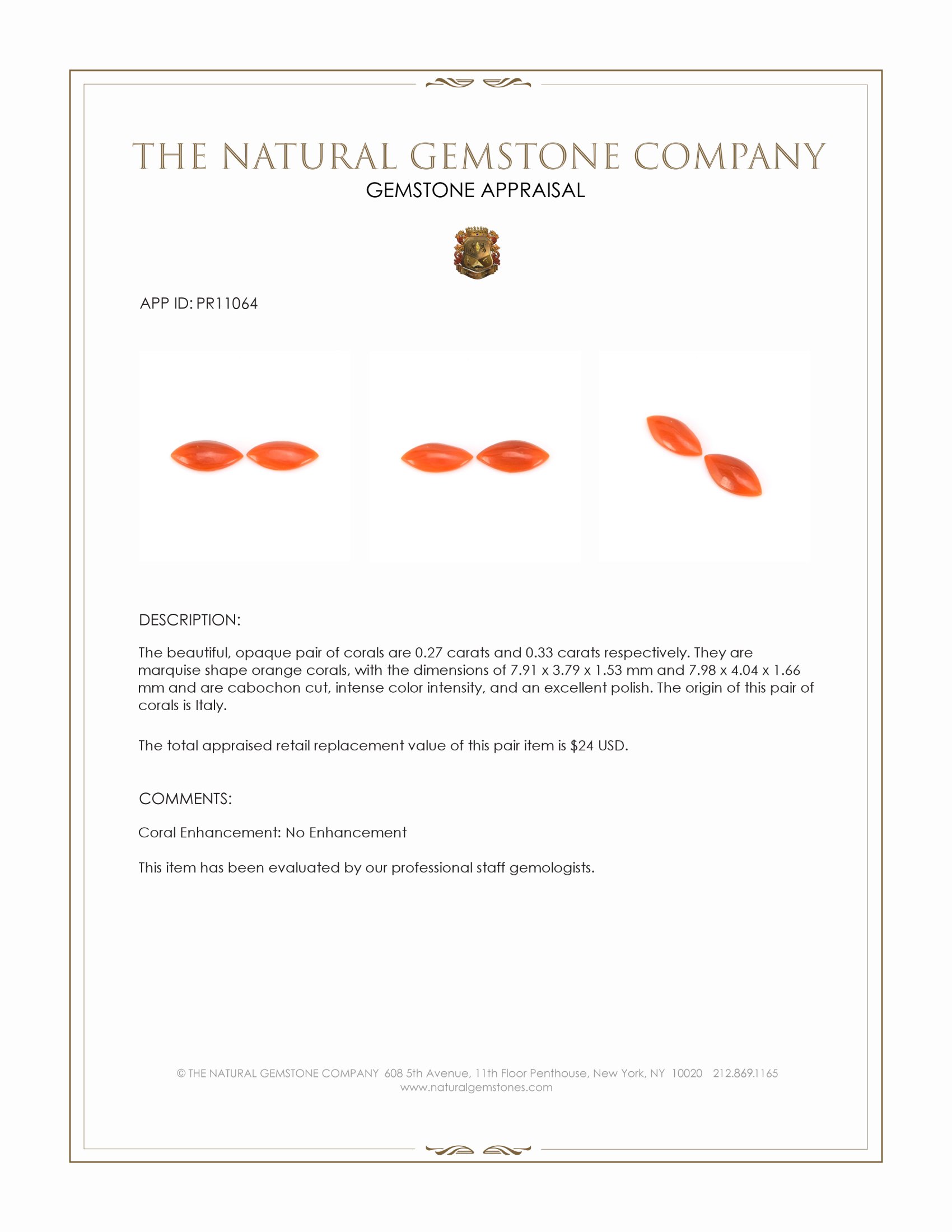 0.60 Ct.Tw. Cabochon Coral Pair from Italy