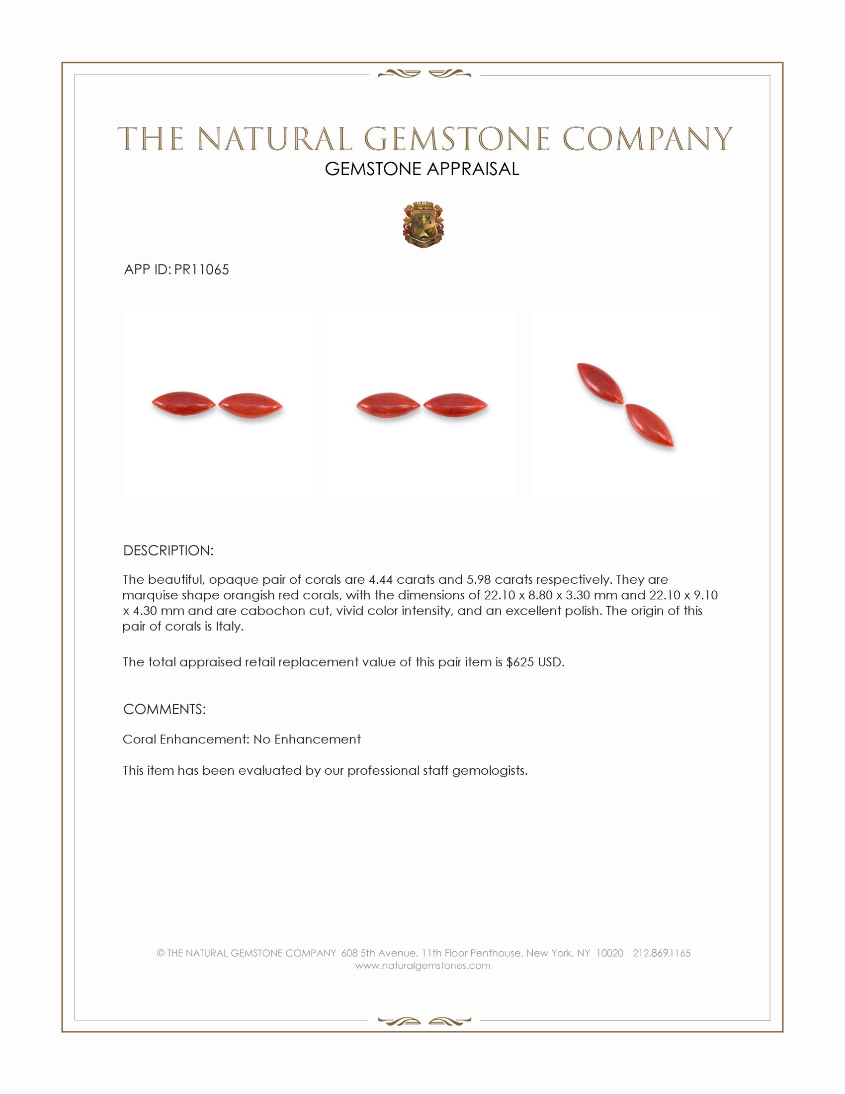 10.42 Ct.Tw. Cabochon Coral Pair from Italy