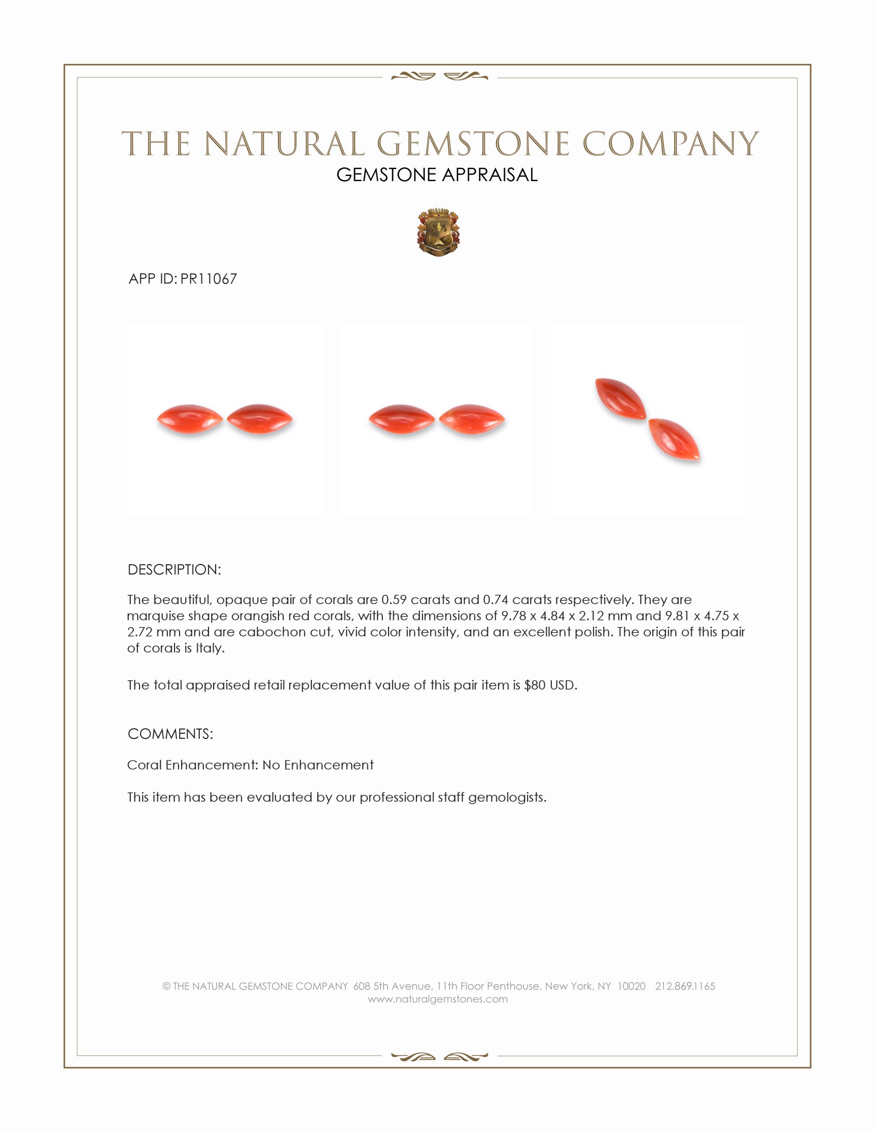 1.33 Ct.Tw. Cabochon Coral Pair from Italy