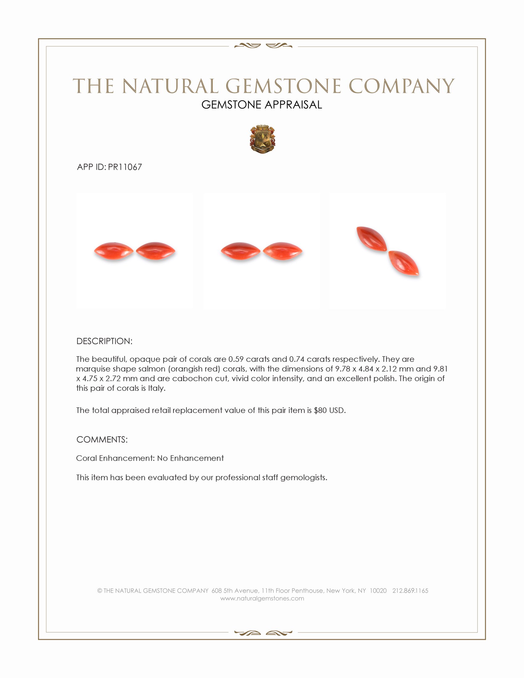 1.33 Ct.Tw. Salmon (Orangish Red) Cabochon Coral Pair from Italy