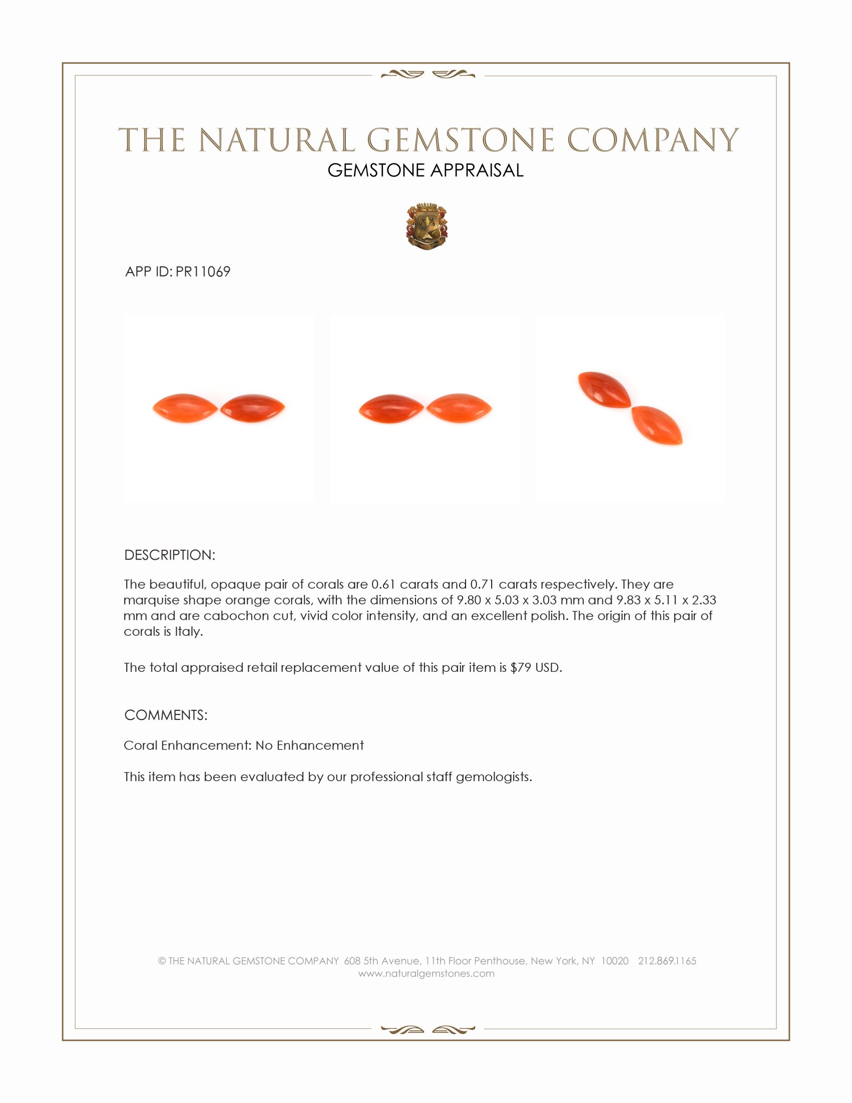 1.32 Ct.Tw. Cabochon Coral Pair from Italy