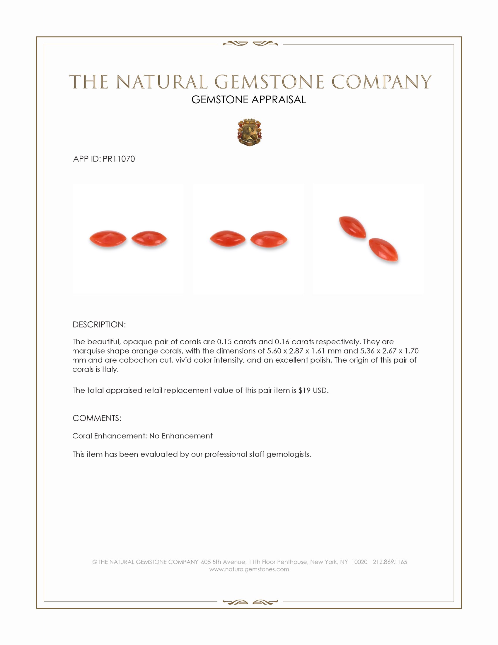 0.31 Ct.Tw. Cabochon Coral Pair from Italy