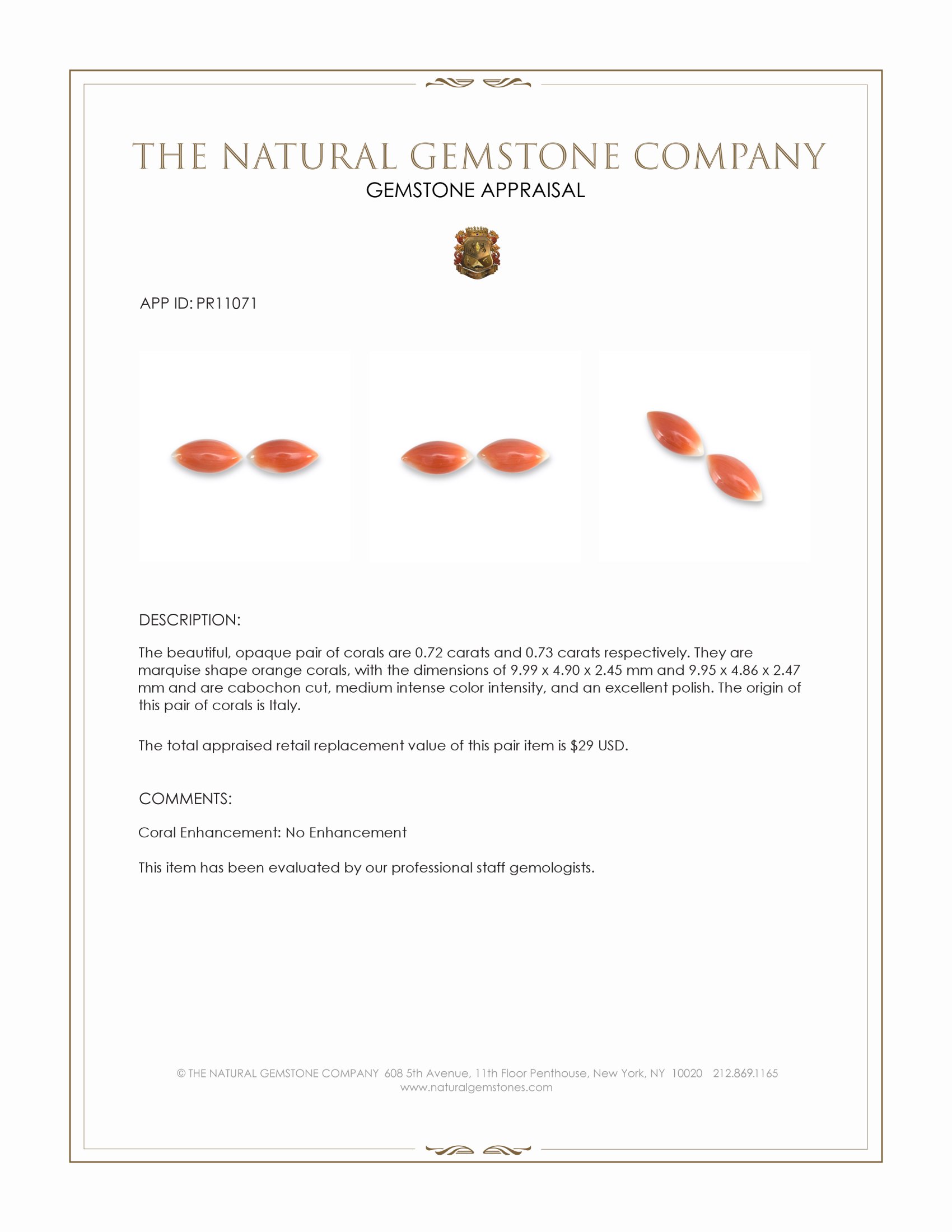 1.45 Ct.Tw. Orange Cabochon Coral Pair from Italy