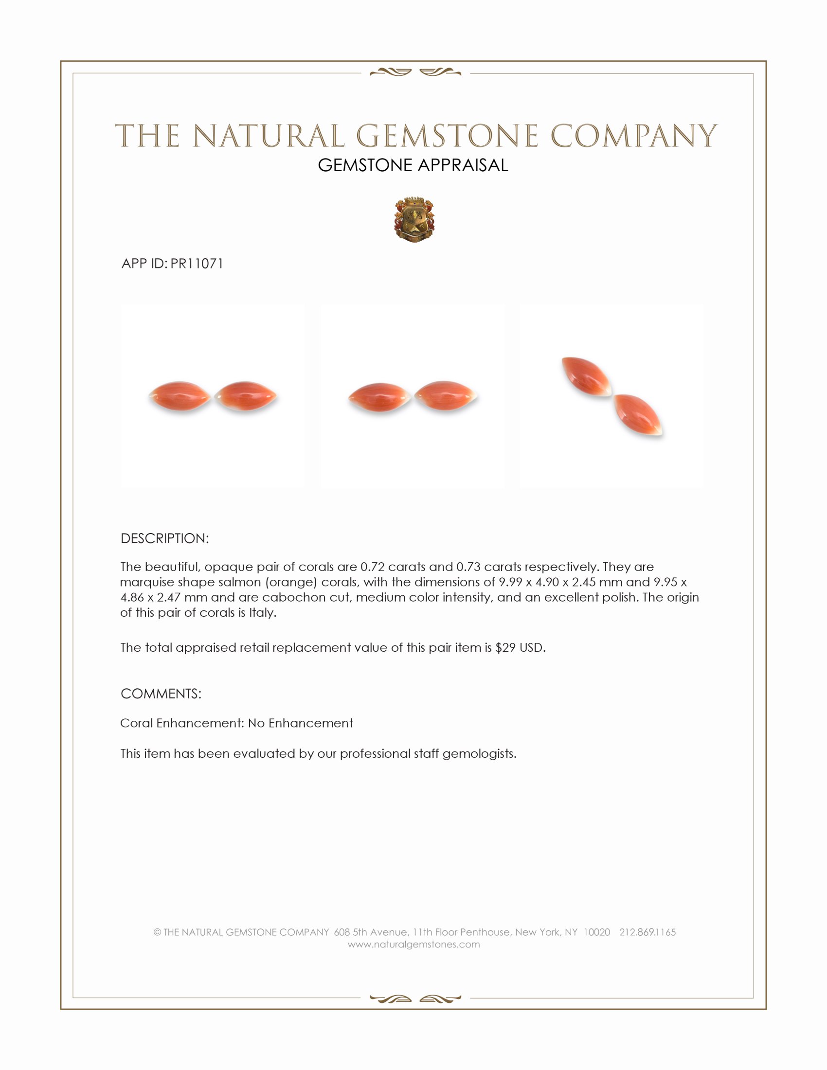 1.45 Ct.Tw. Salmon (Orange) Cabochon Coral Pair from Italy
