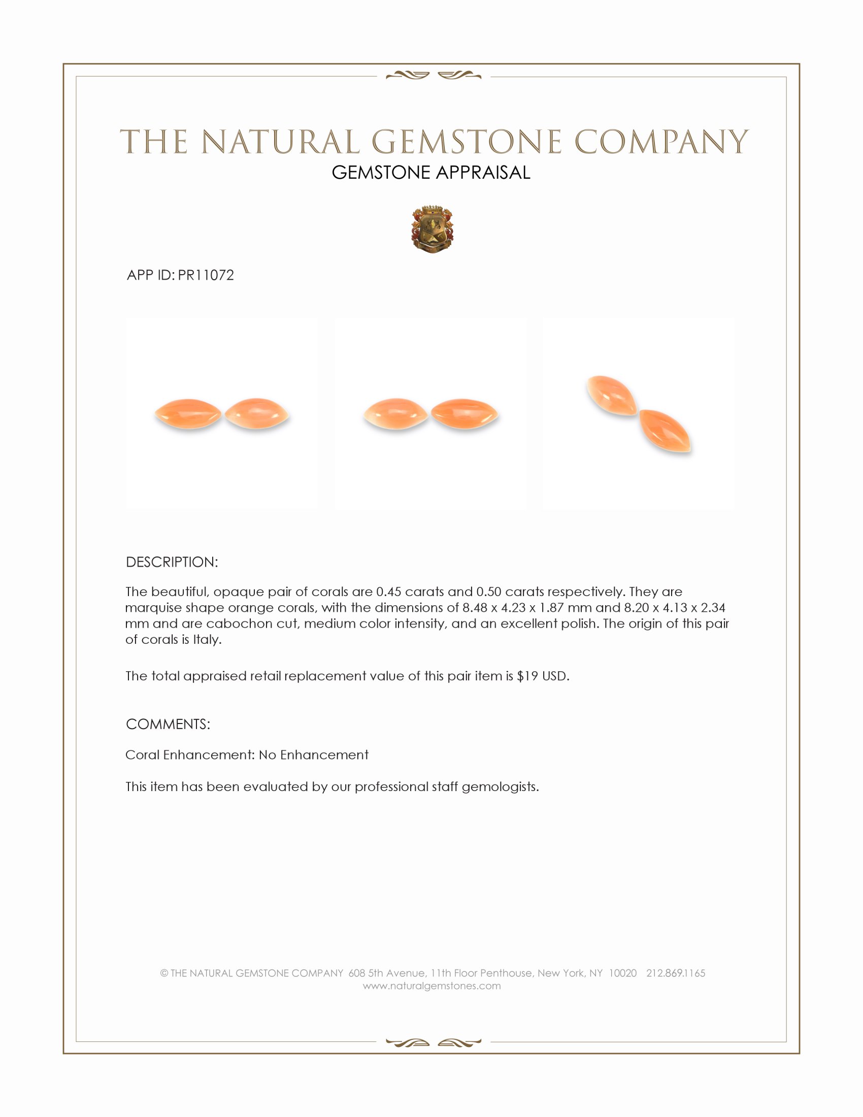 0.95 Ct.Tw. Salmon (Orange) Cabochon Coral Pair from Italy