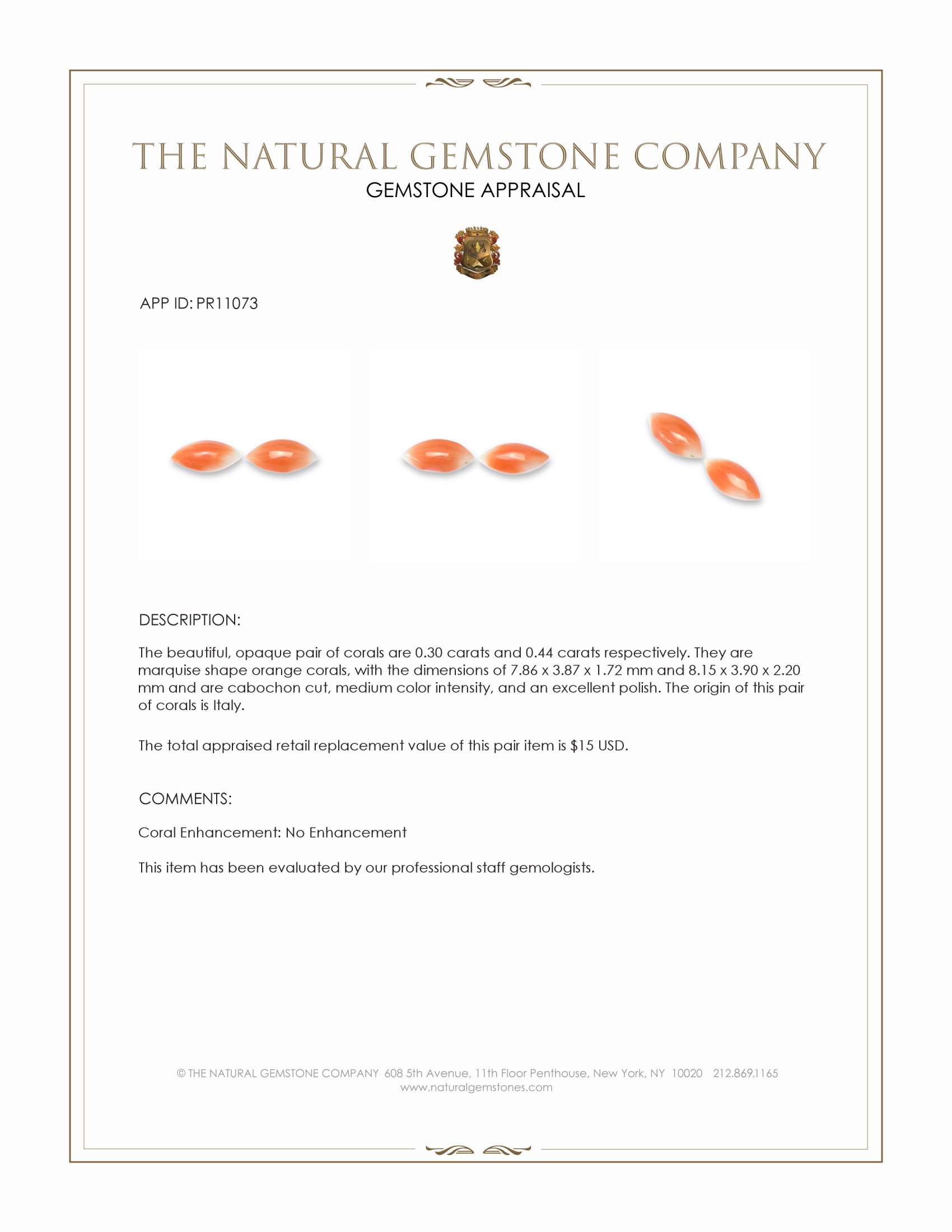 0.74 Ct.Tw. Cabochon Coral Pair from Italy