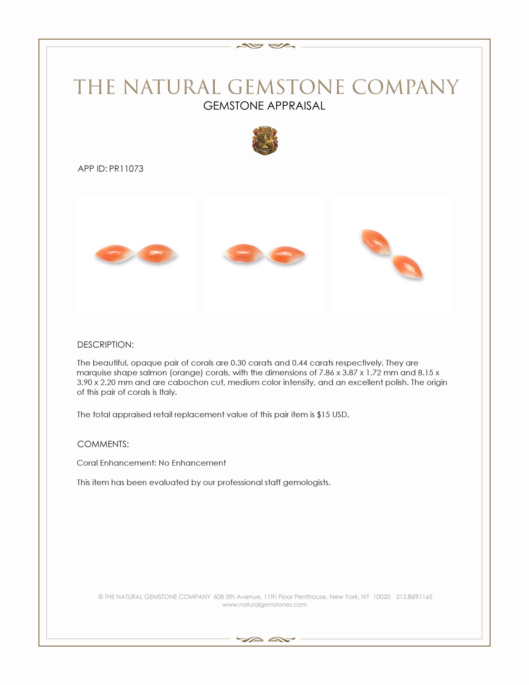 0.74 Ct.Tw. Salmon (Orange) Cabochon Coral Pair from Italy
