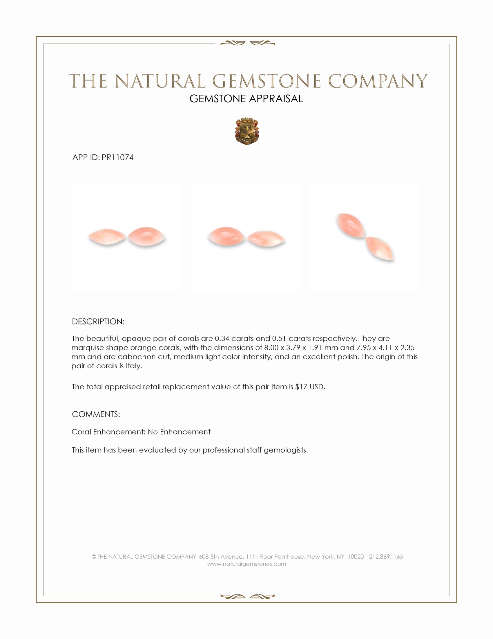 0.85 Ct.Tw. Cabochon Coral Pair from Italy