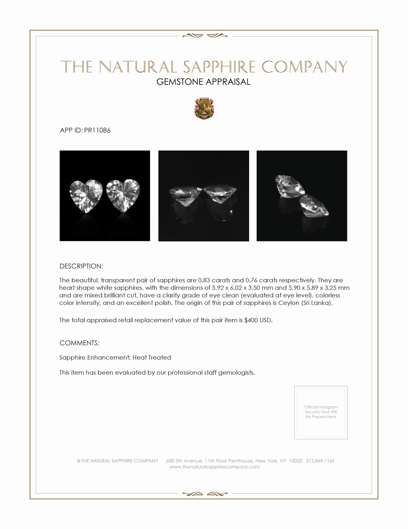 1.59 Ct.Tw. White Sapphire Pair from Ceylon (Sri Lanka)