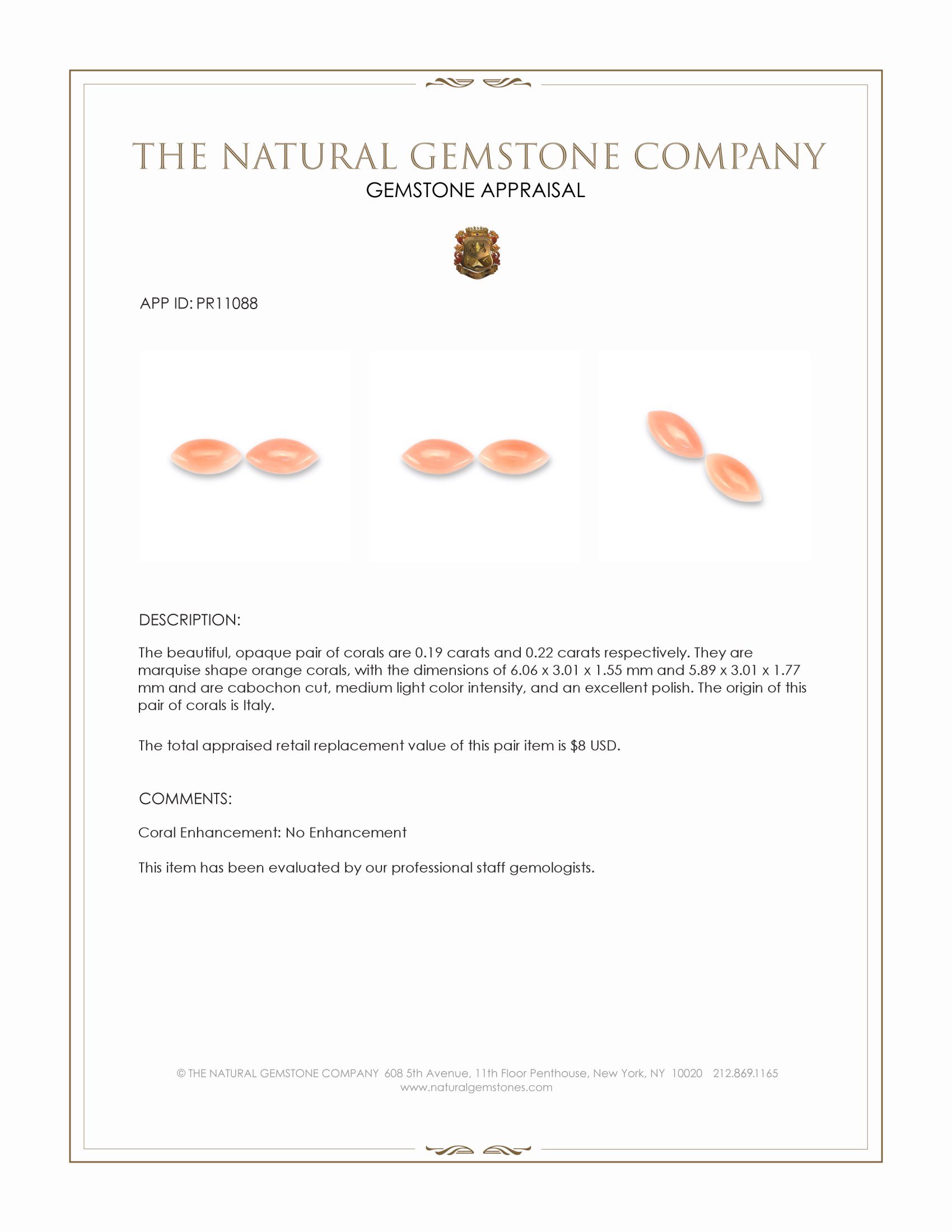 0.41 Ct.Tw. Cabochon Coral Pair from Italy