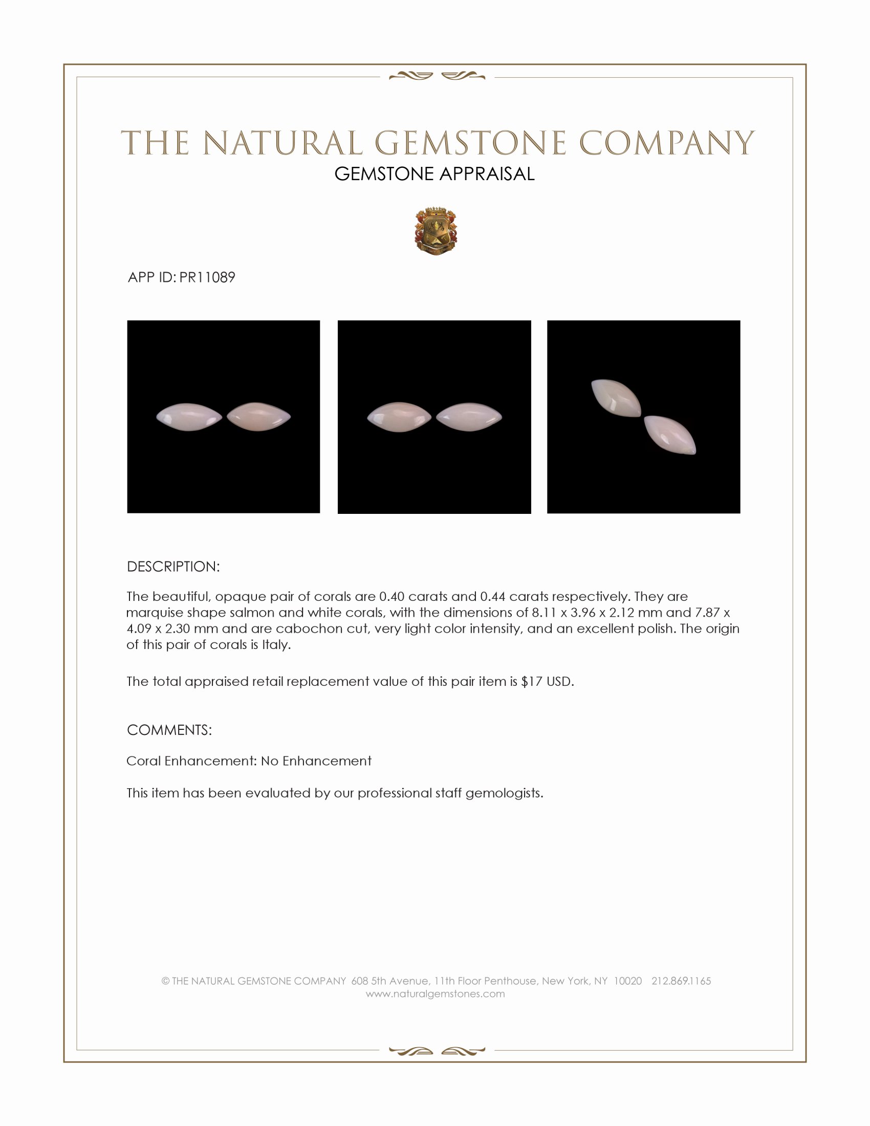 0.84 Ct.Tw. Cabochon Coral Pair from Italy