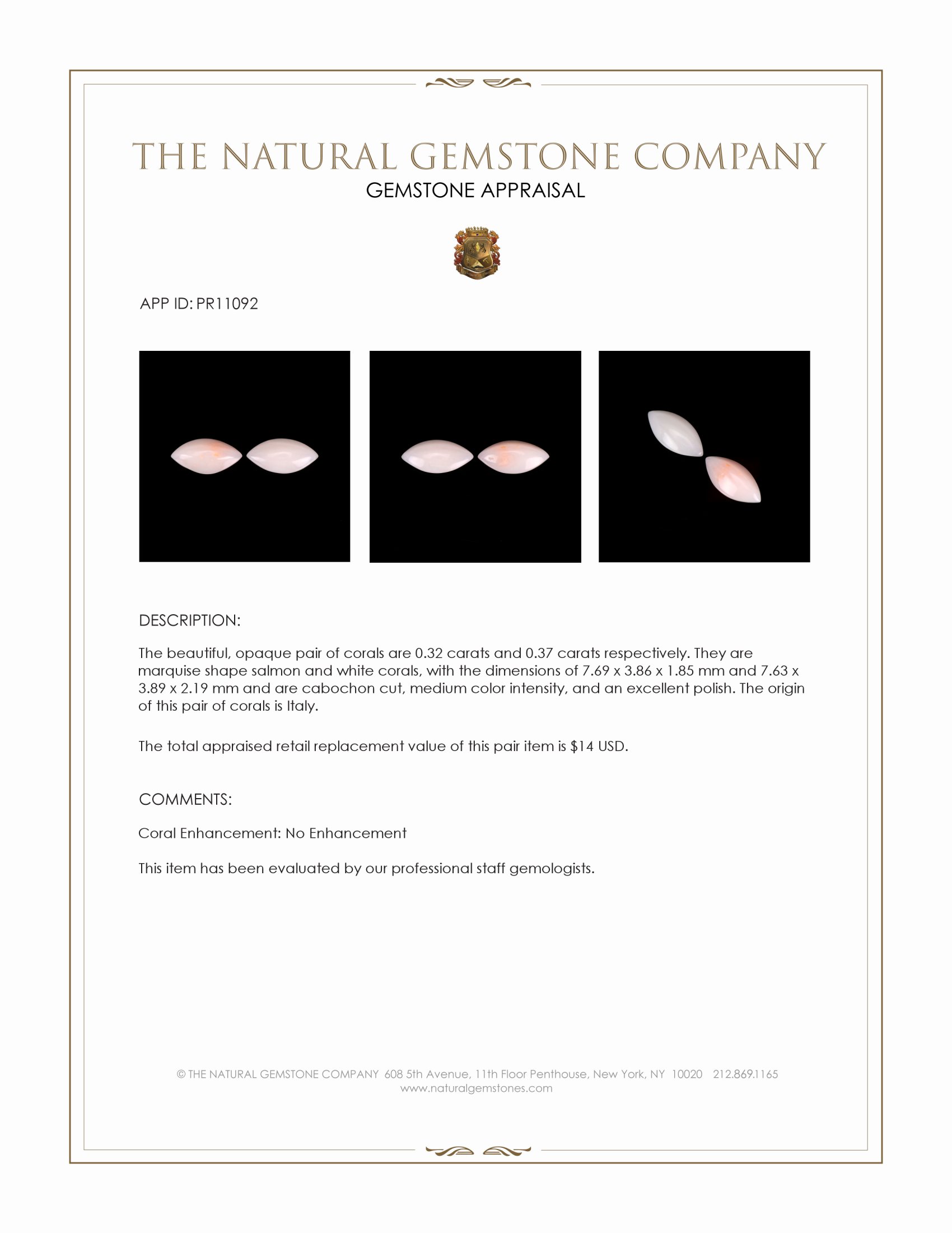 0.69 Ct.Tw. Cabochon Coral Pair from Italy