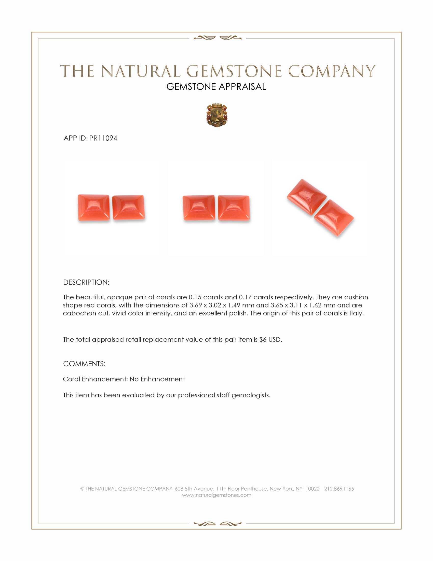 0.32 Ct.Tw. Cabochon Coral Pair from Italy