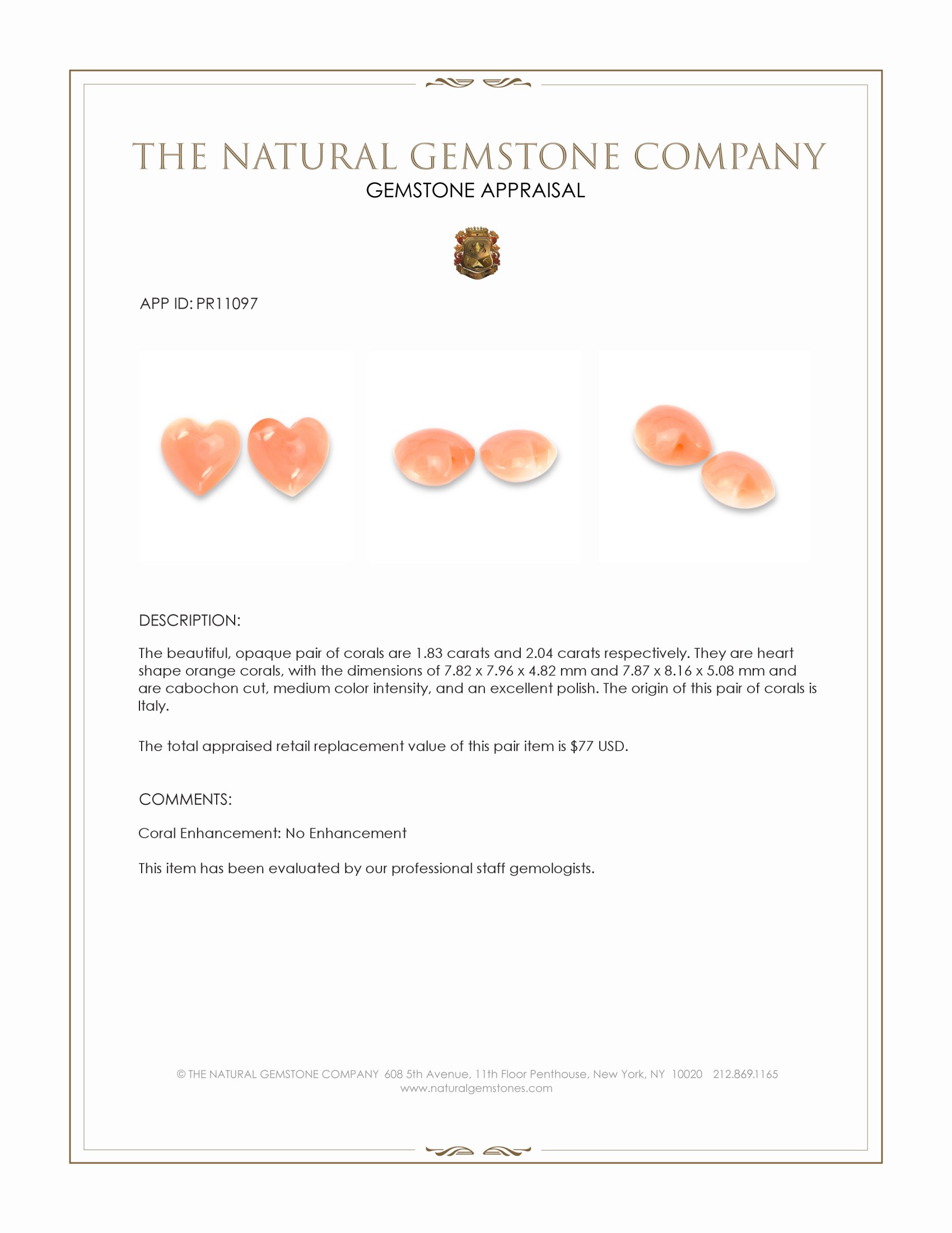 3.87 Ct.Tw. Cabochon Coral Pair from Italy