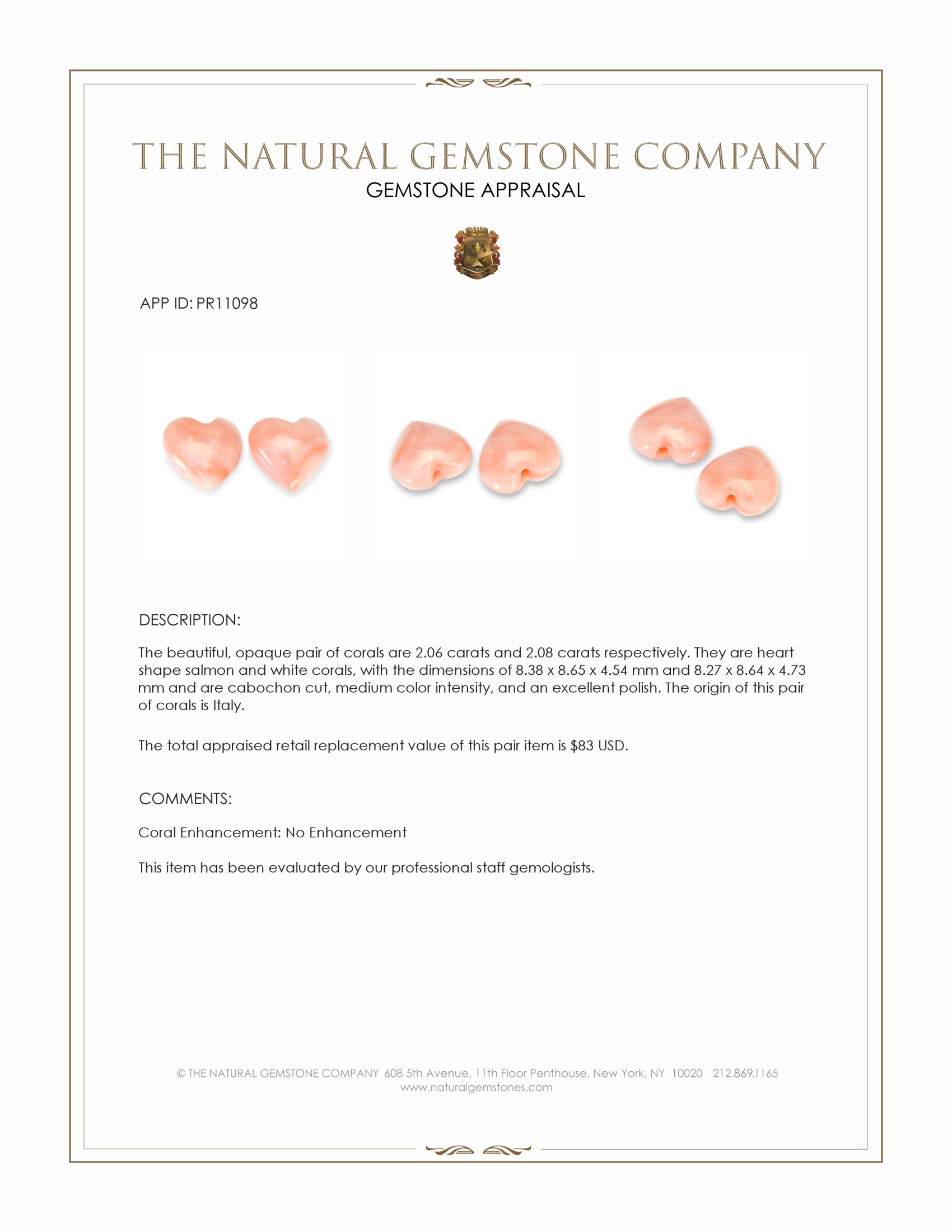 4.14 Ct.Tw. Cabochon Coral Pair from Italy