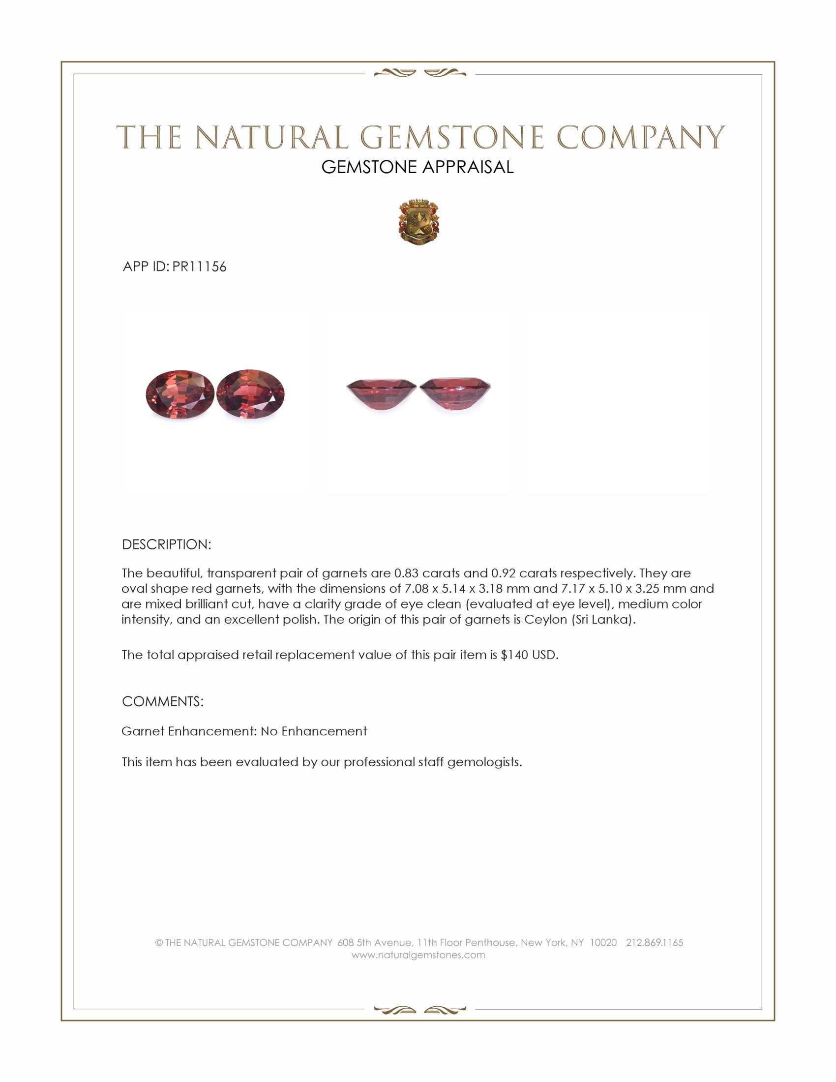 1.75 Ct.Tw. Red Garnet Pair from Ceylon (Sri Lanka)