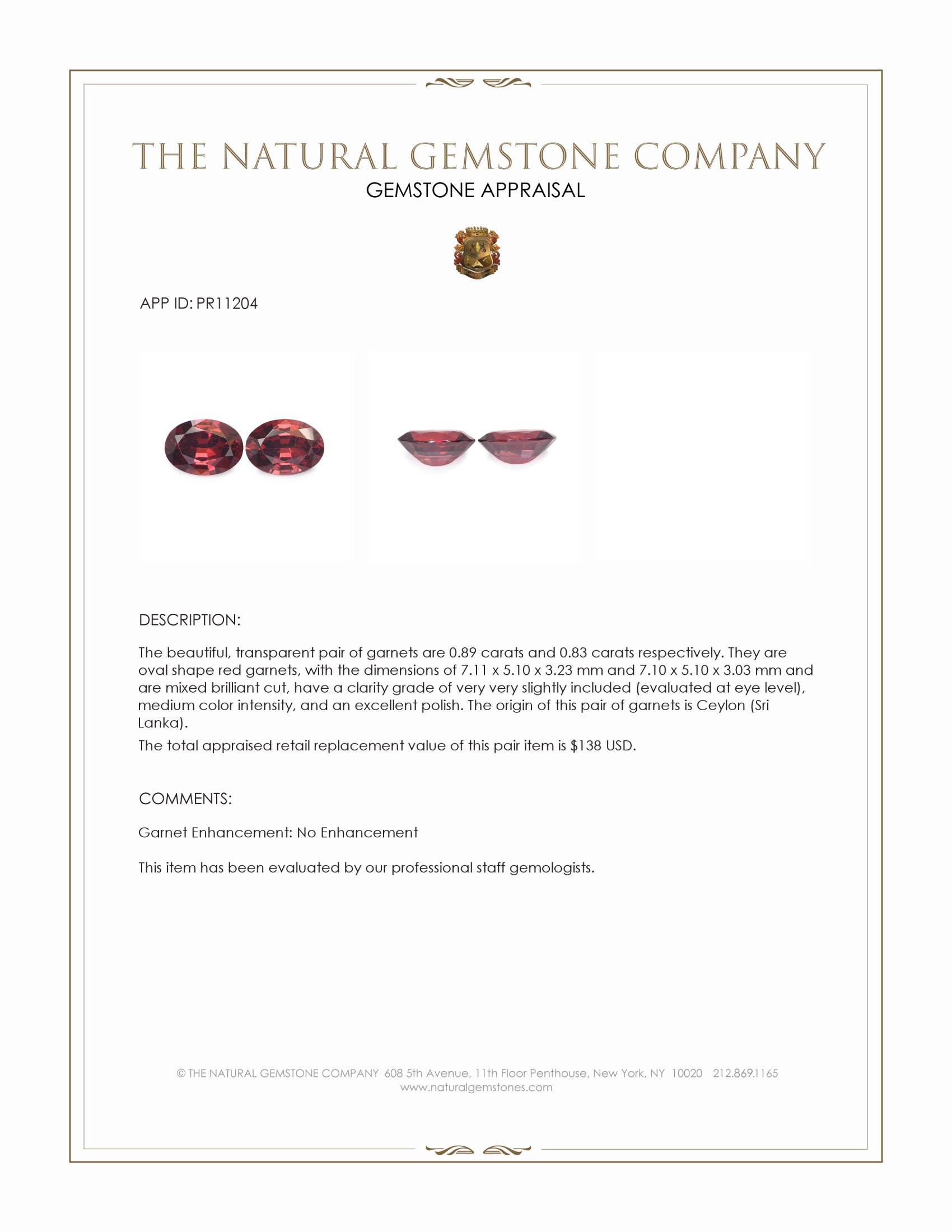 1.72 Ct.Tw. Red Garnet Pair from Ceylon (Sri Lanka)