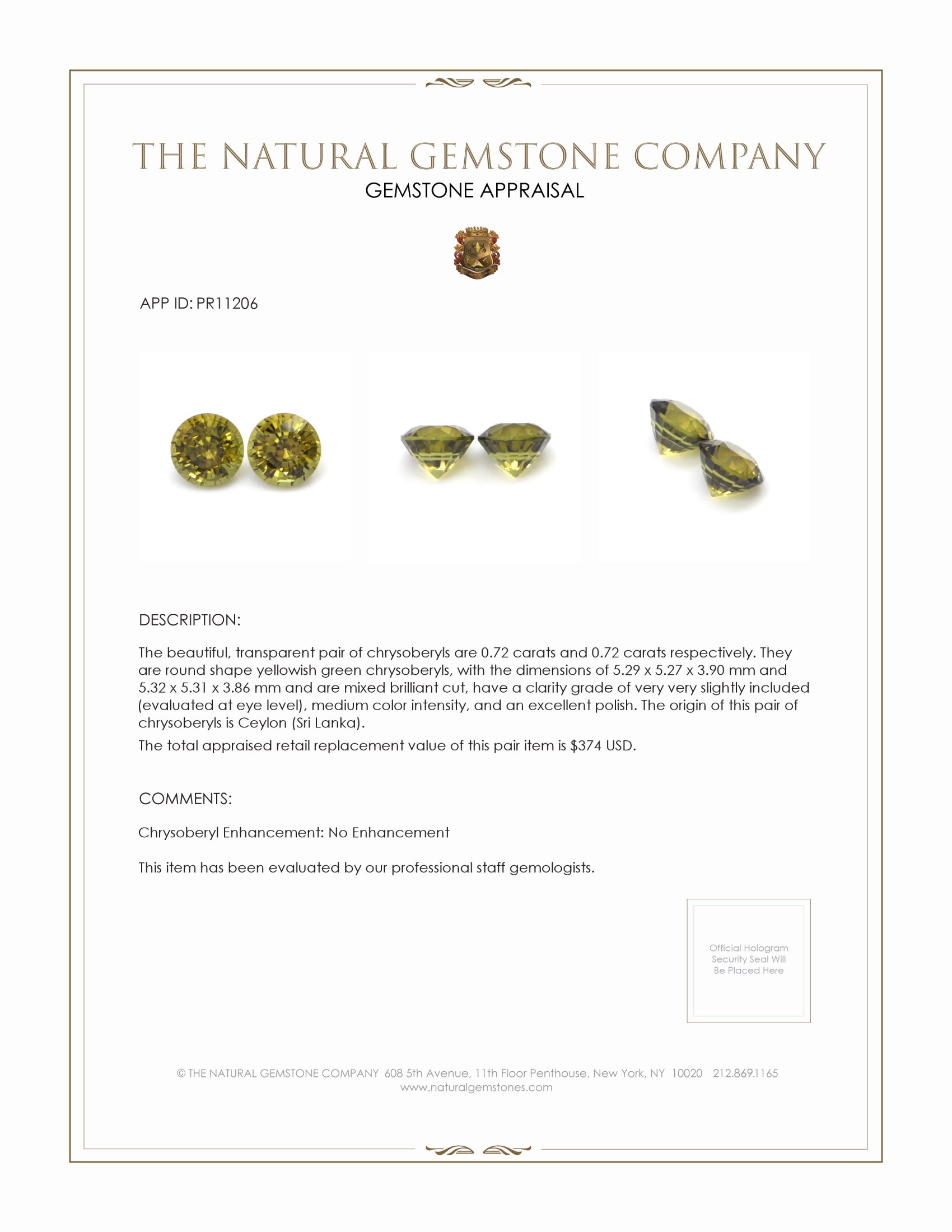 1.44 Ct.Tw. Chrysoberyl Pair from Ceylon (Sri Lanka)