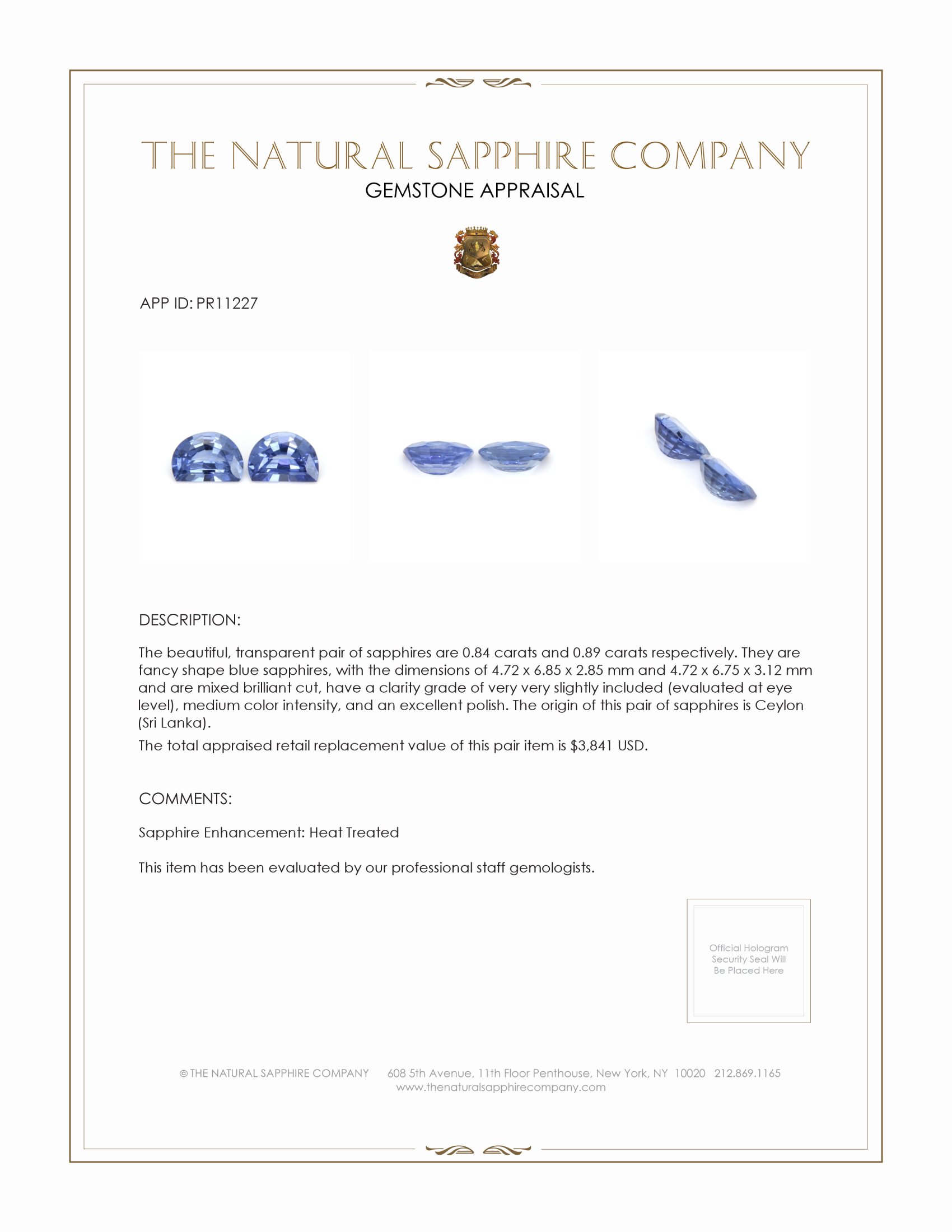 1.73 Ct.Tw. Blue Sapphire Pair from Ceylon (Sri Lanka)