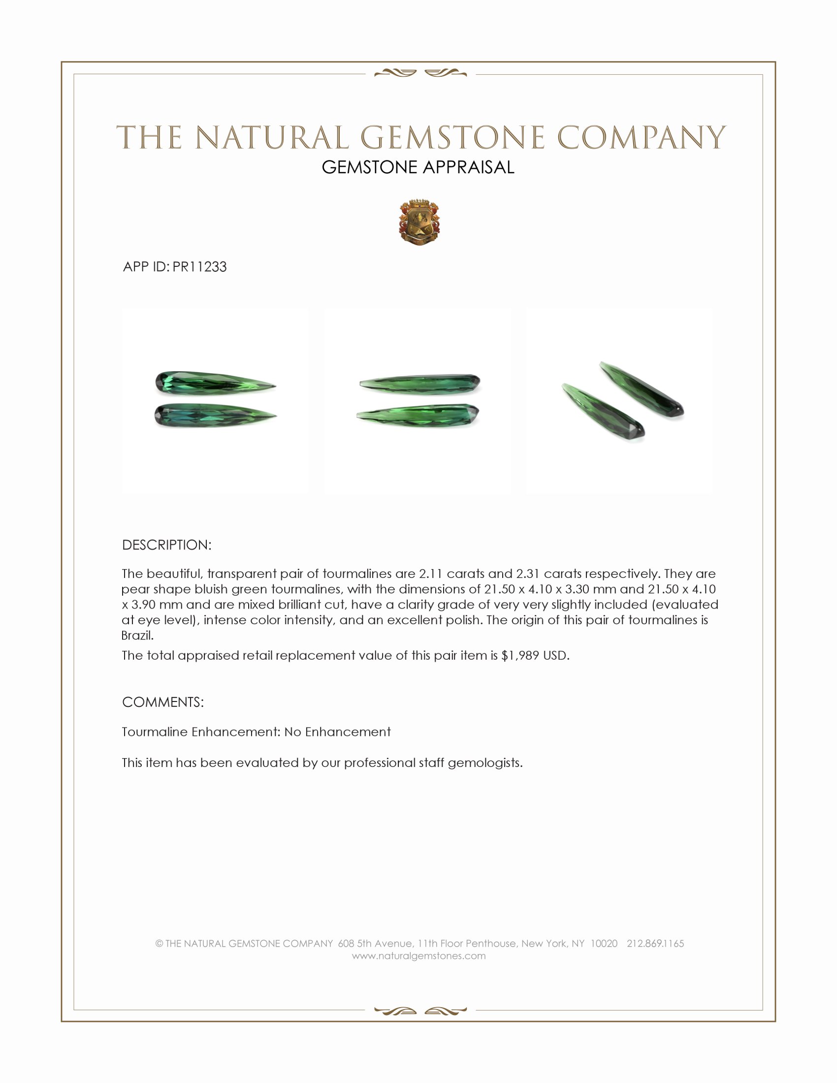 4.42 Ct.Tw. Bluish Green Tourmaline Pair from Brazil
