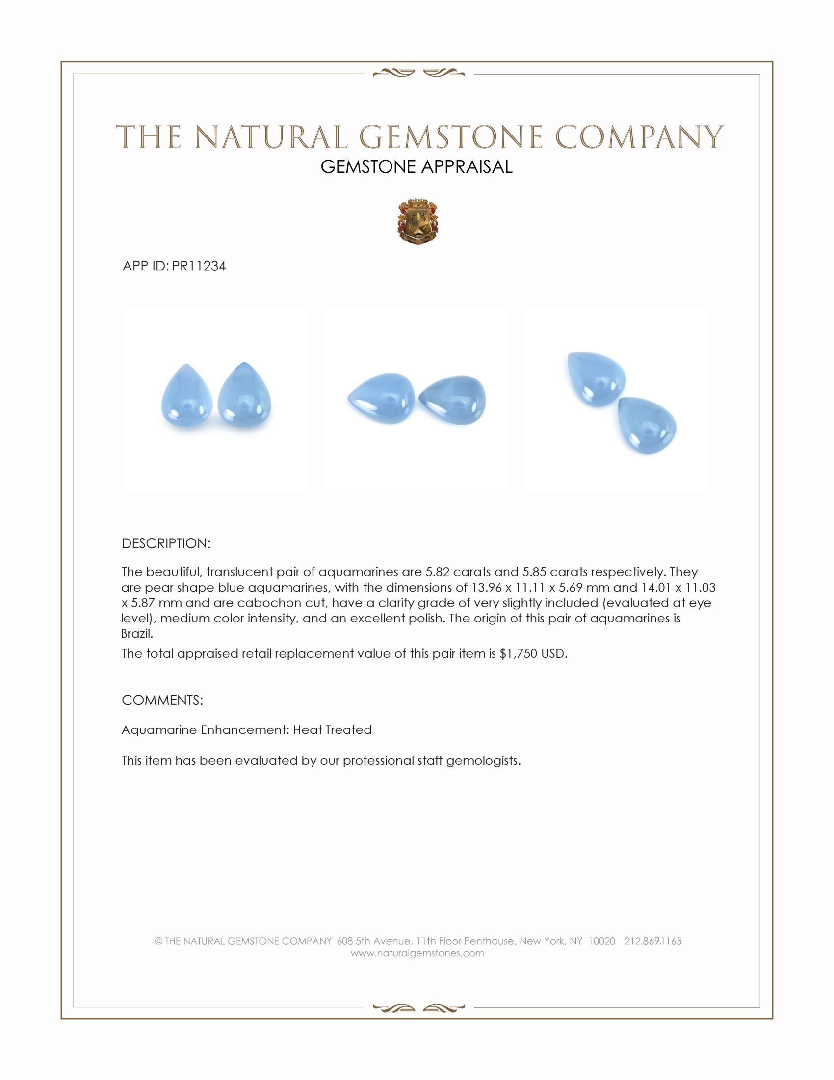 11.67 Ct.Tw. Blue Cabochon Aquamarine Pair from Brazil