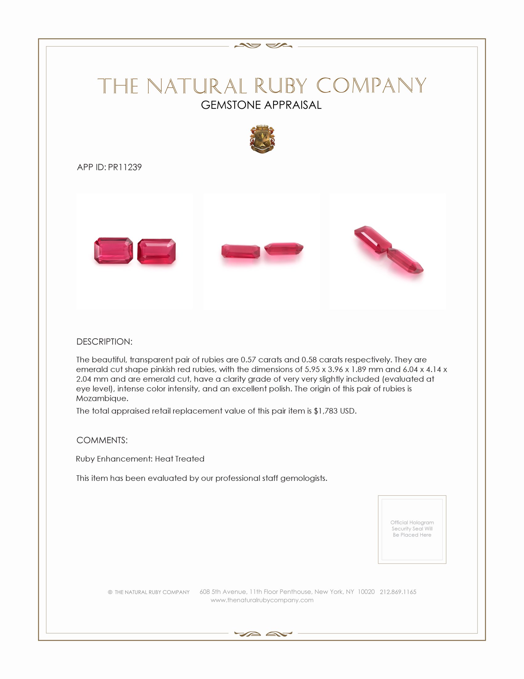 1.15 Ct.Tw. Pinkish Red Ruby Pair from Mozambique