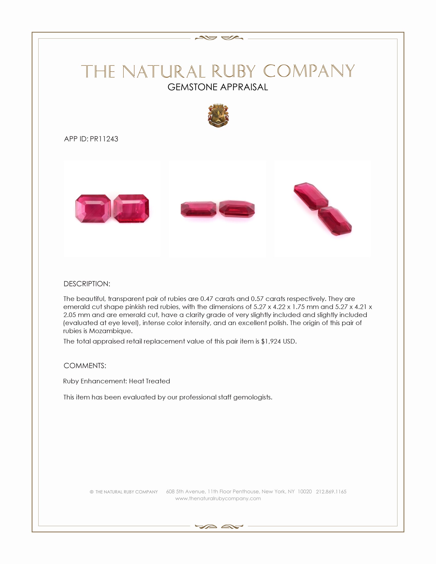 1.04 Ct.Tw. Pinkish Red Ruby Pair from Mozambique