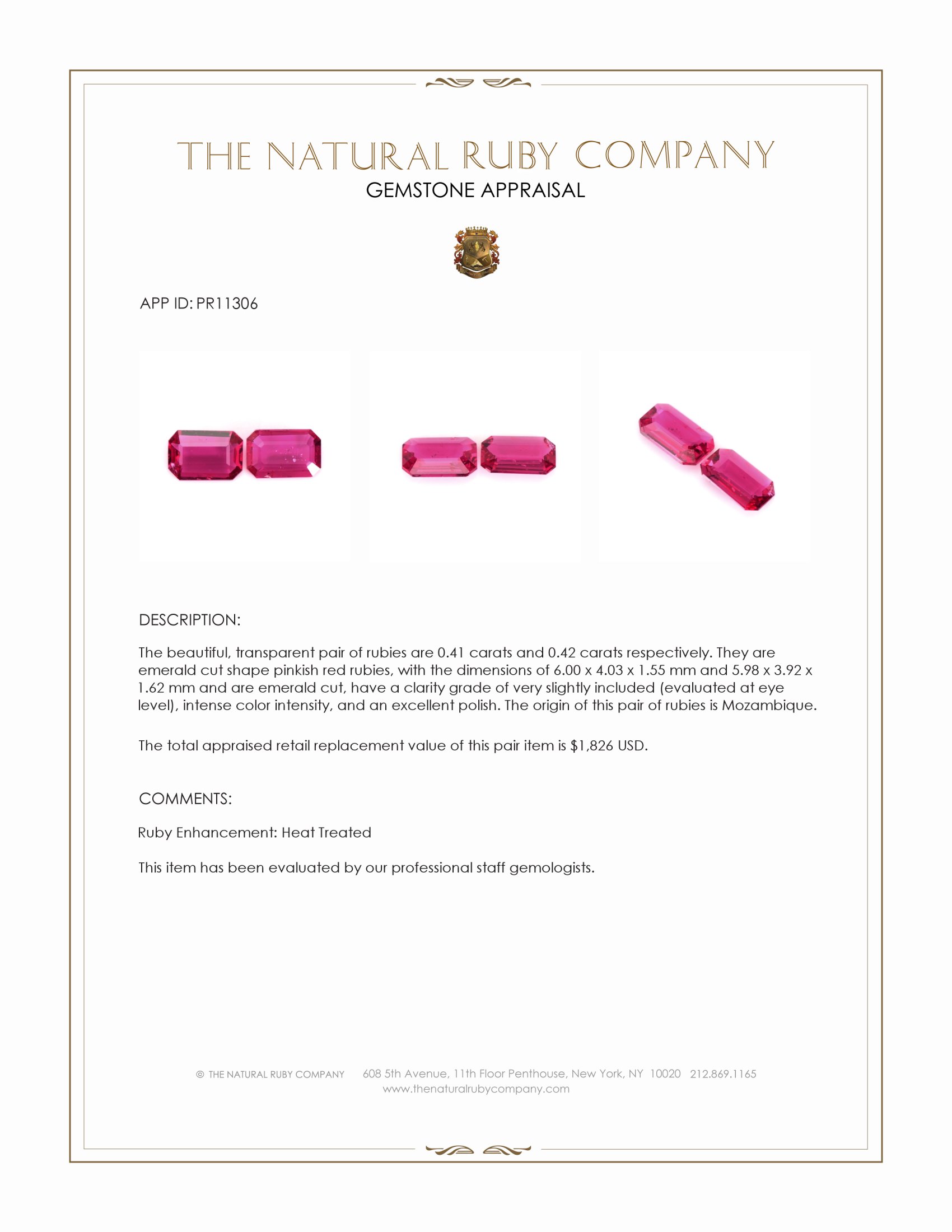 0.83 Ct.Tw. Pinkish Red Ruby Pair from Mozambique