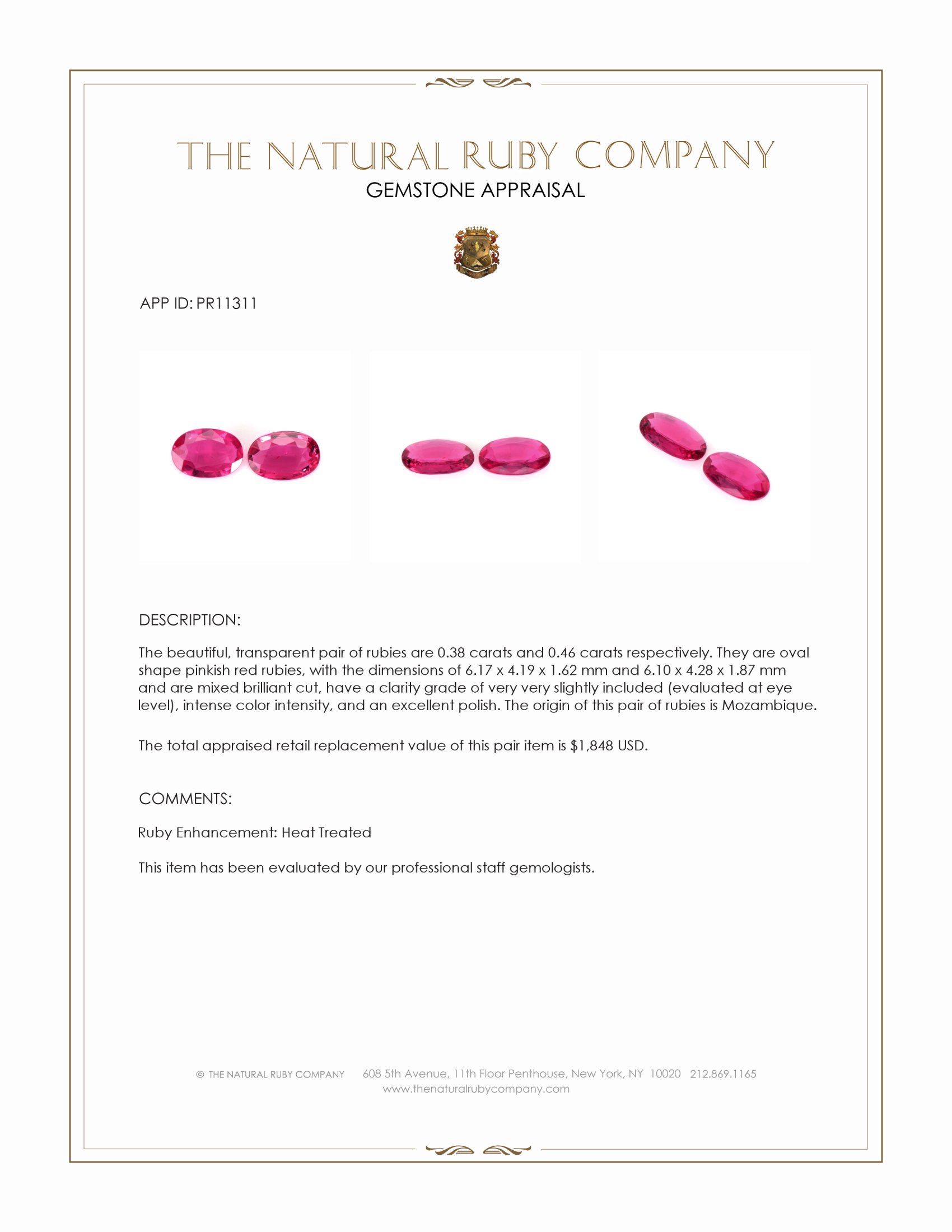 0.84 Ct.Tw. Pinkish Red Ruby Pair from Mozambique