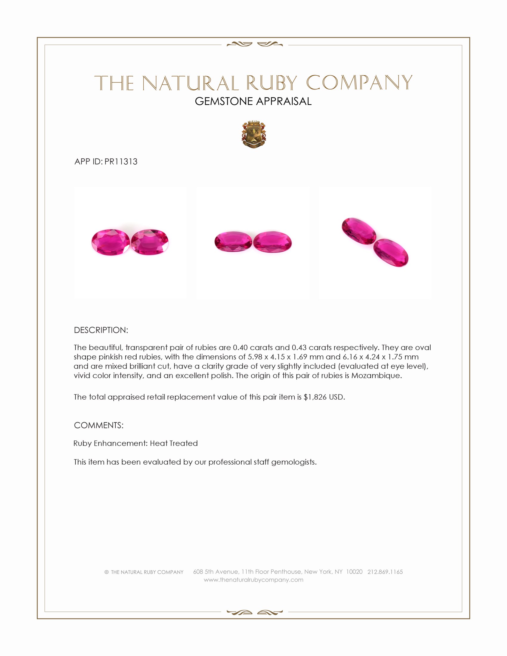 0.83 Ct.Tw. Pinkish Red Ruby Pair from Mozambique