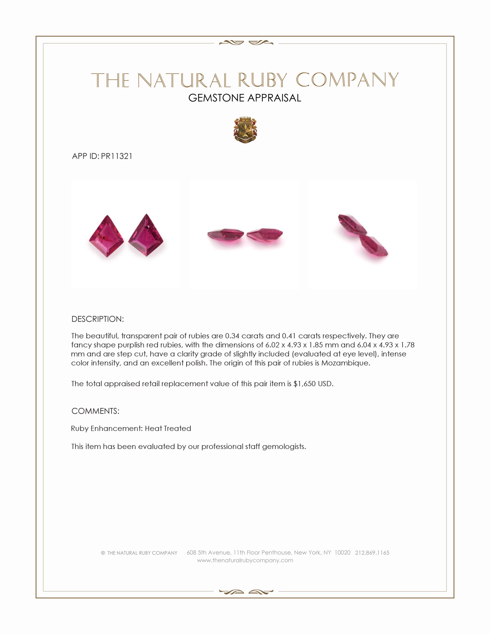 0.75 Ct.Tw. Purplish Red Ruby Pair from Mozambique