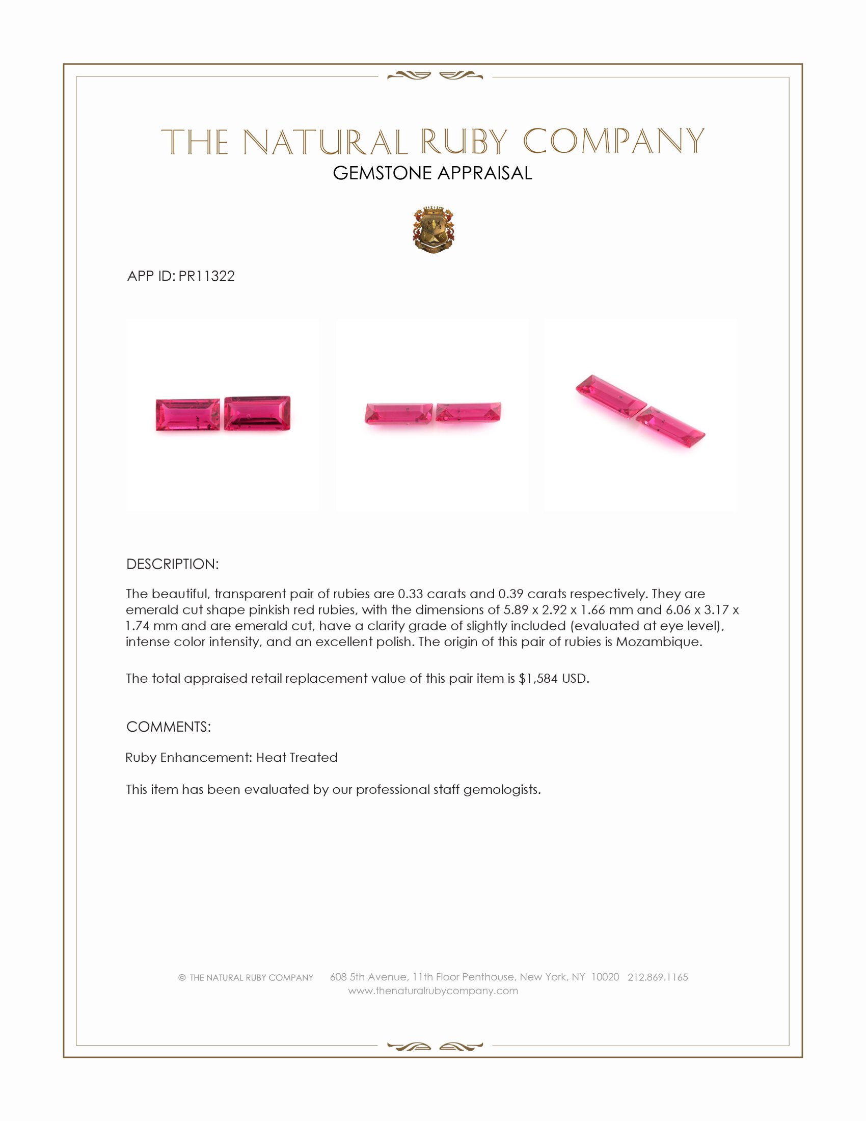 0.72 Ct.Tw. Pinkish Red Ruby Pair from Mozambique