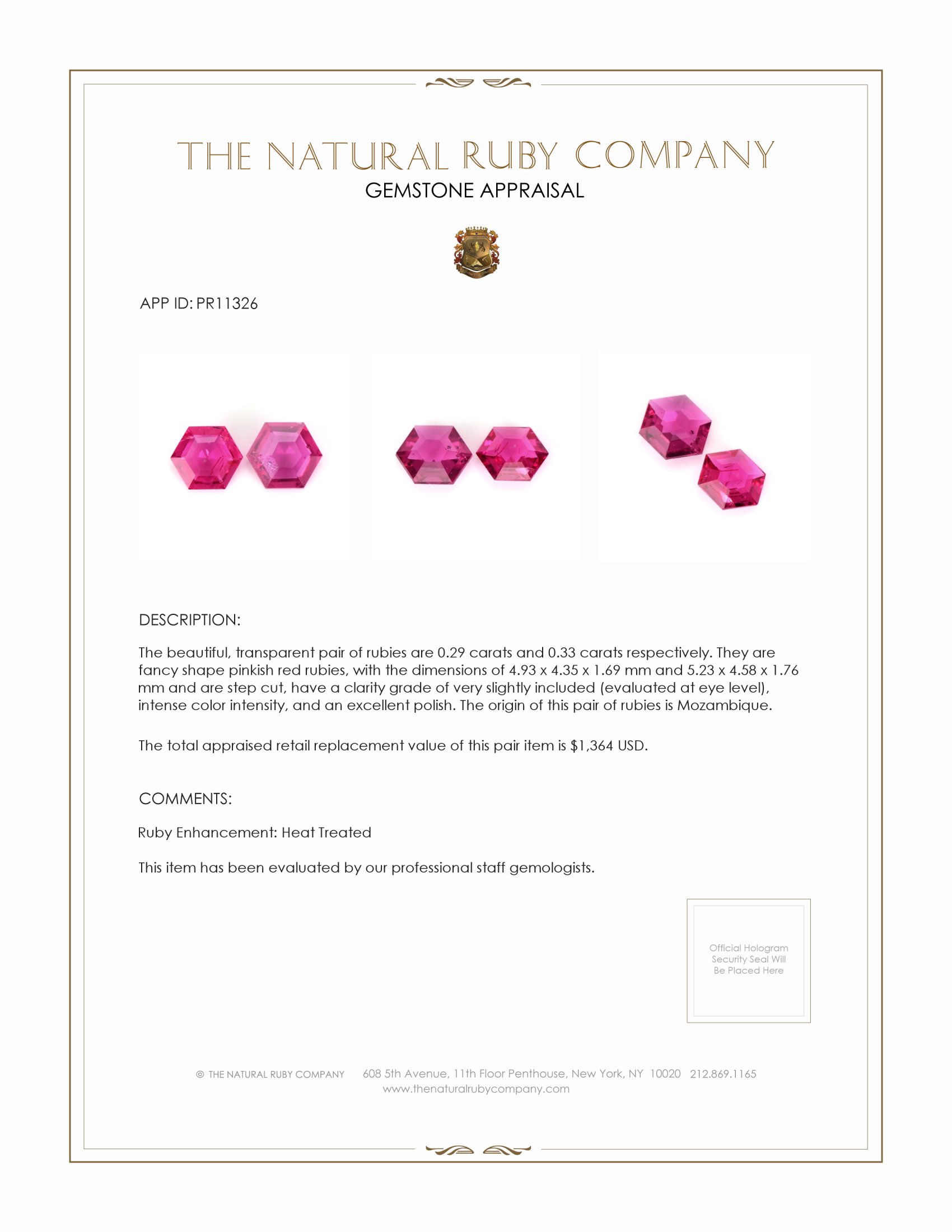 0.62 Ct.Tw. Pinkish Red Ruby Pair from Mozambique
