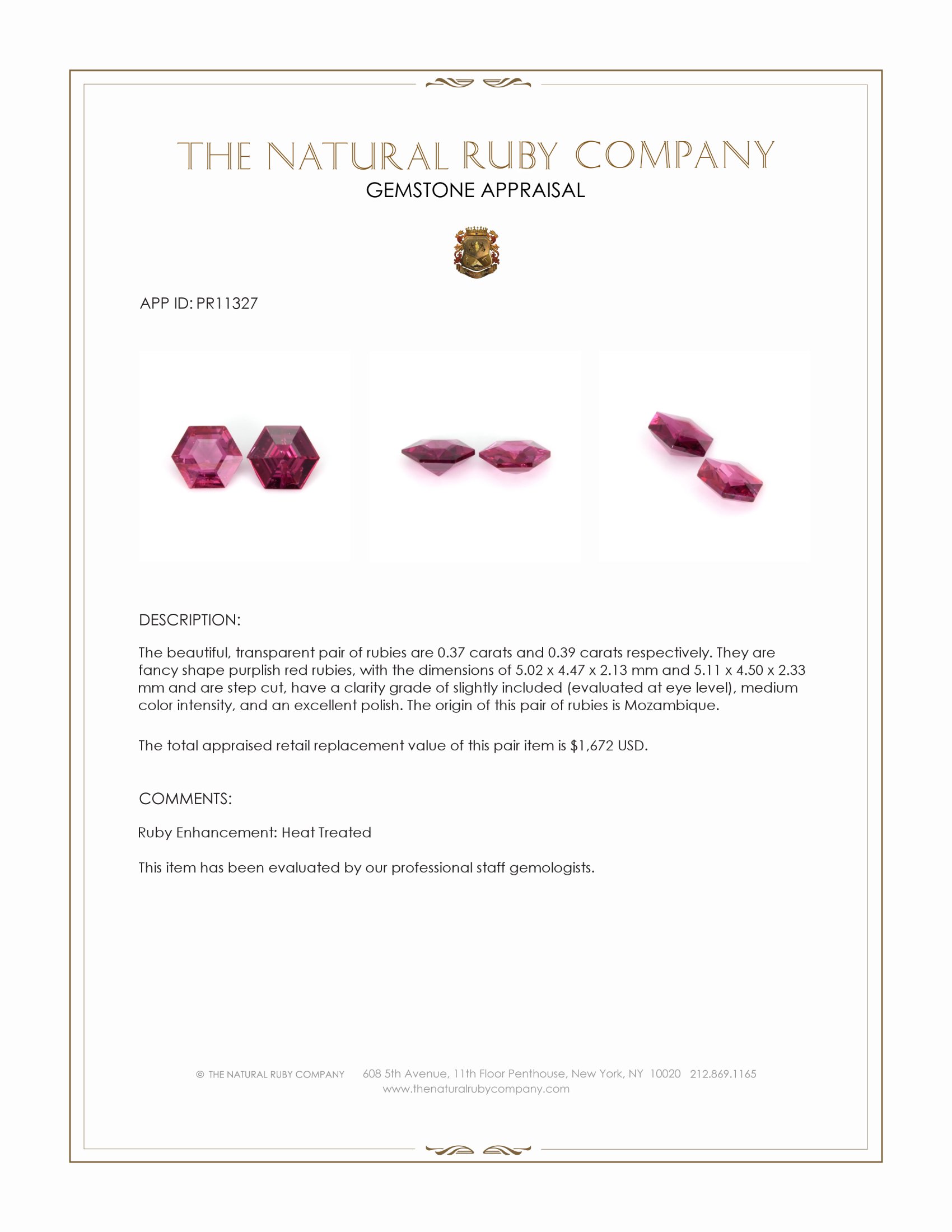 0.76 Ct.Tw. Purplish Red Ruby Pair from Mozambique