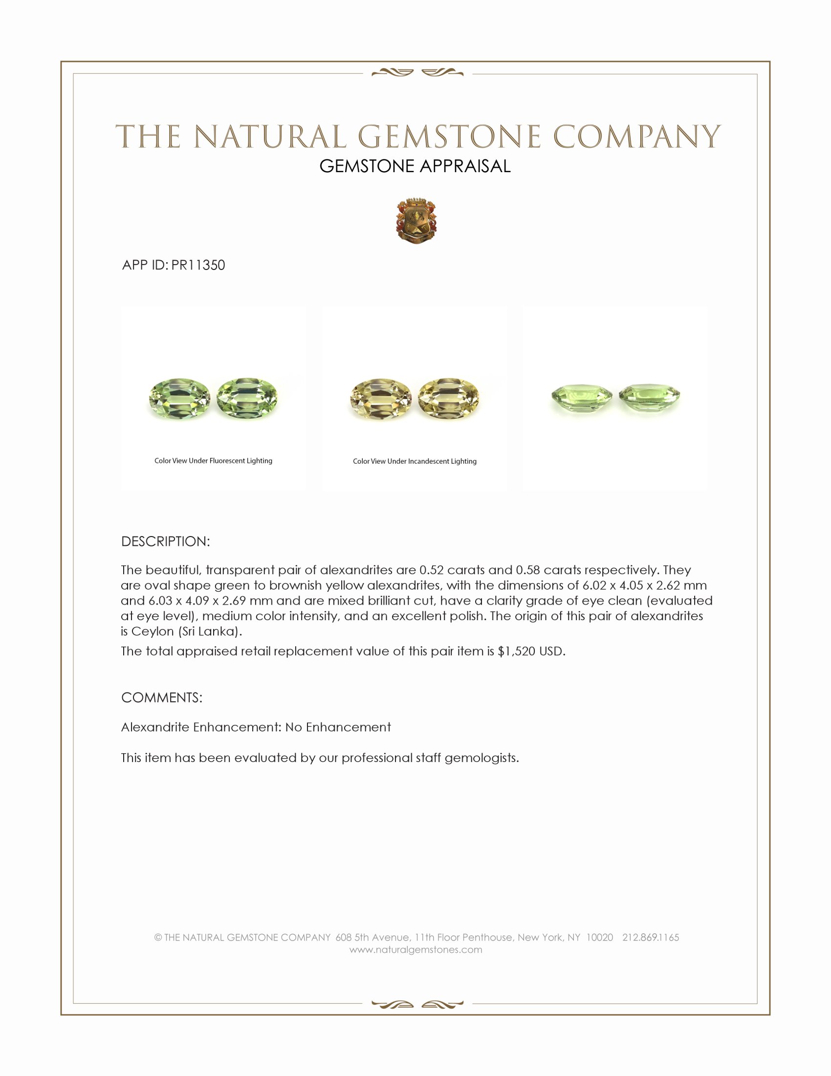 1.10 Ct.Tw. Alexandrite Pair from Ceylon (Sri Lanka)