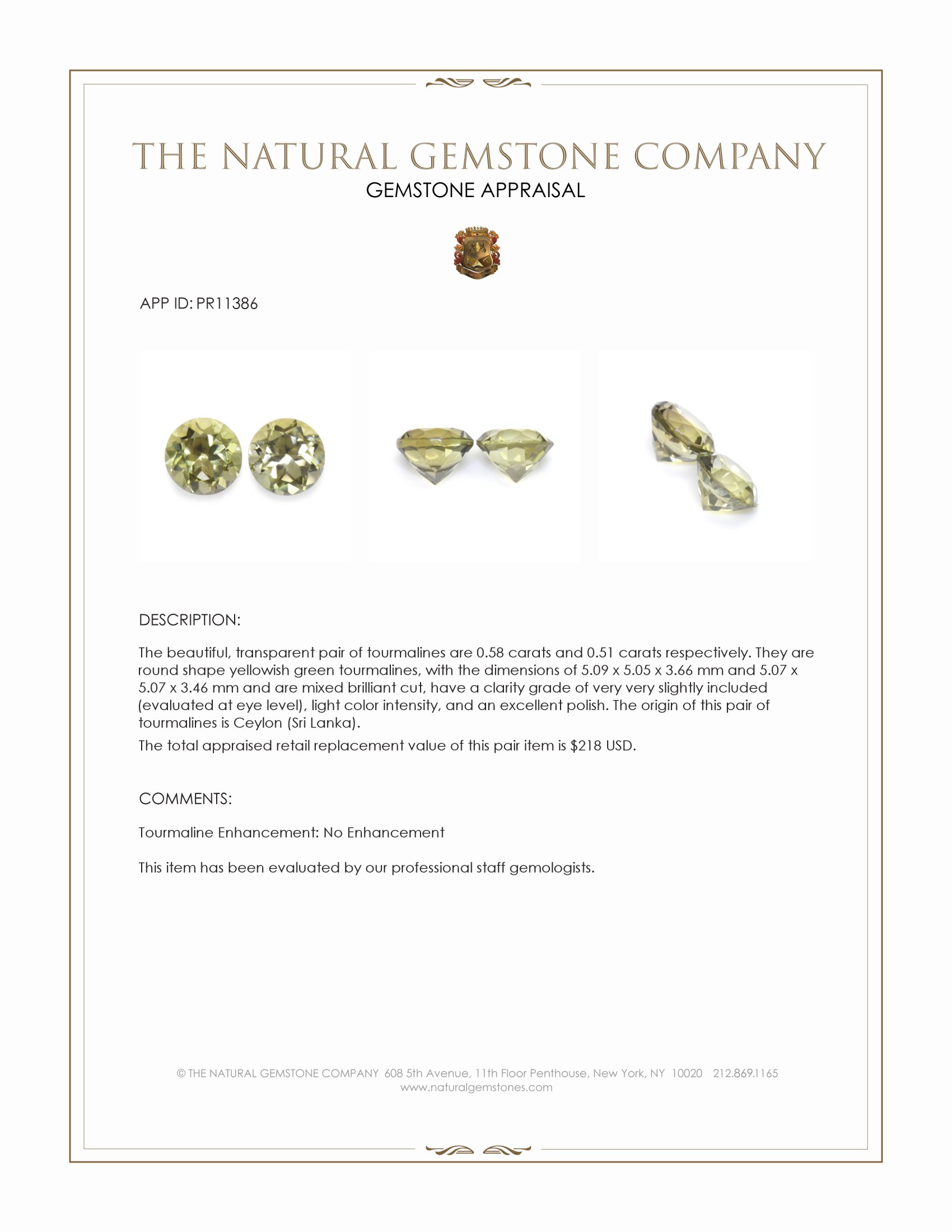 1.09 Ct.Tw. Yellowish Green Tourmaline Pair from Ceylon (Sri Lanka)