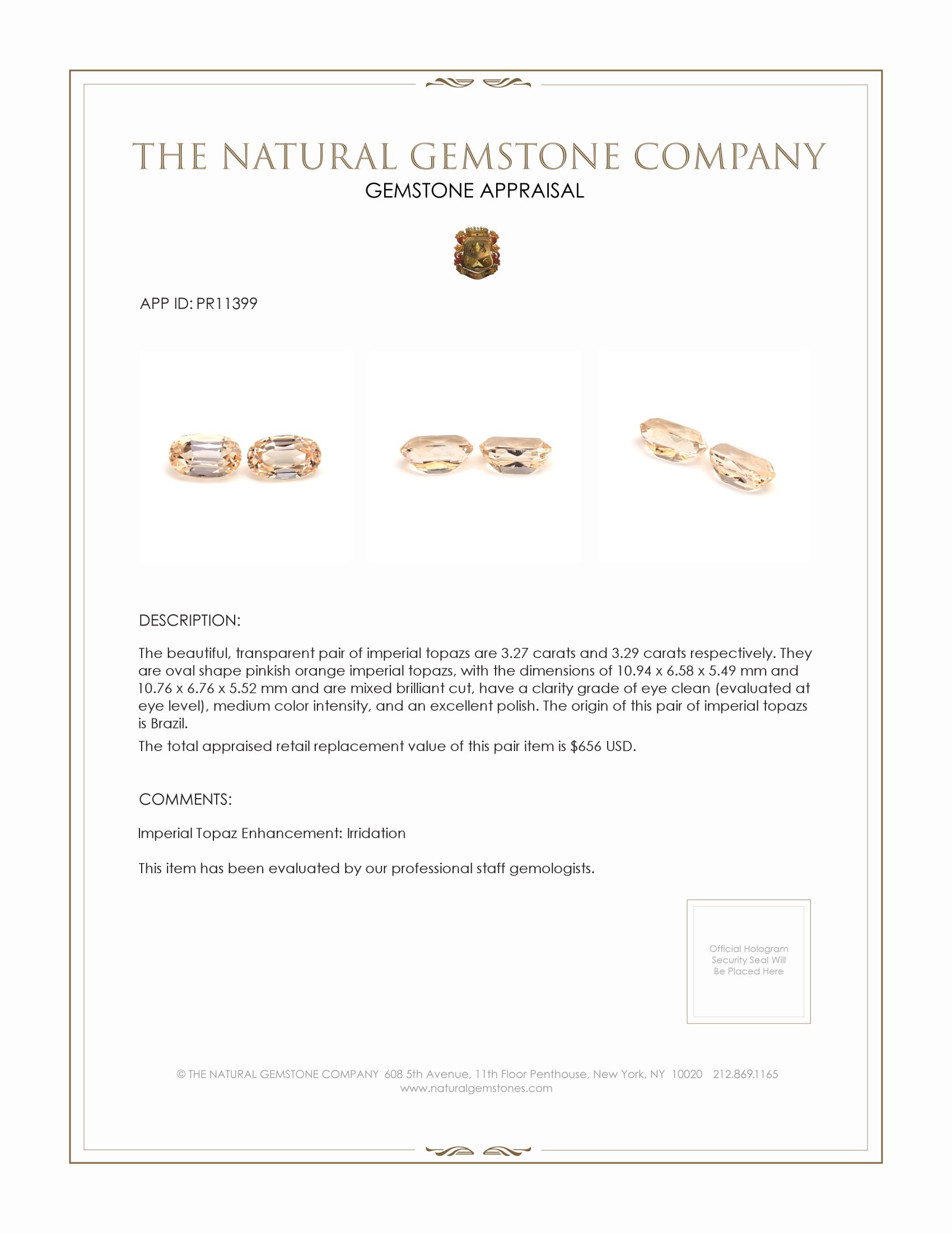 6.56 Ct.Tw. Imperial Topaz Pair from Brazil