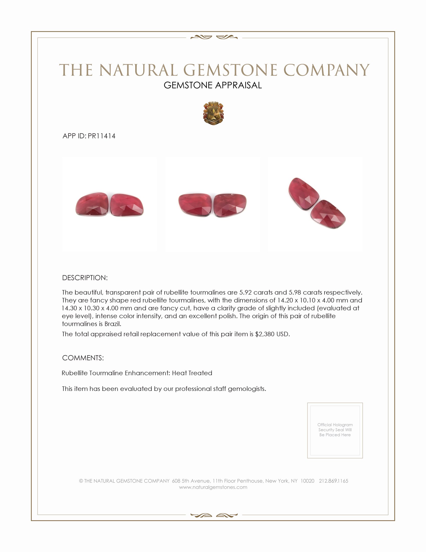 11.90 Ct.Tw. Rubellite Tourmaline Pair from Brazil