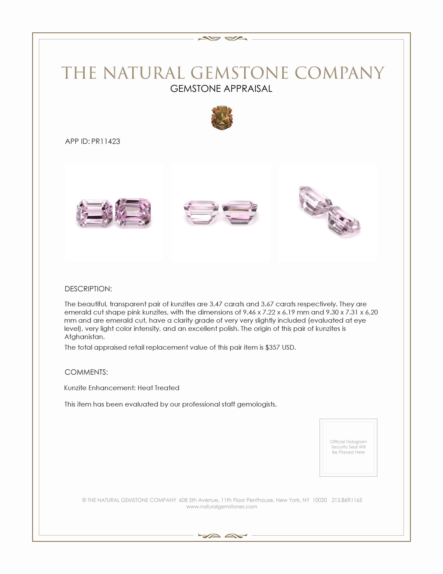 7.14 Ct.Tw. Kunzite Pair from Afghanistan