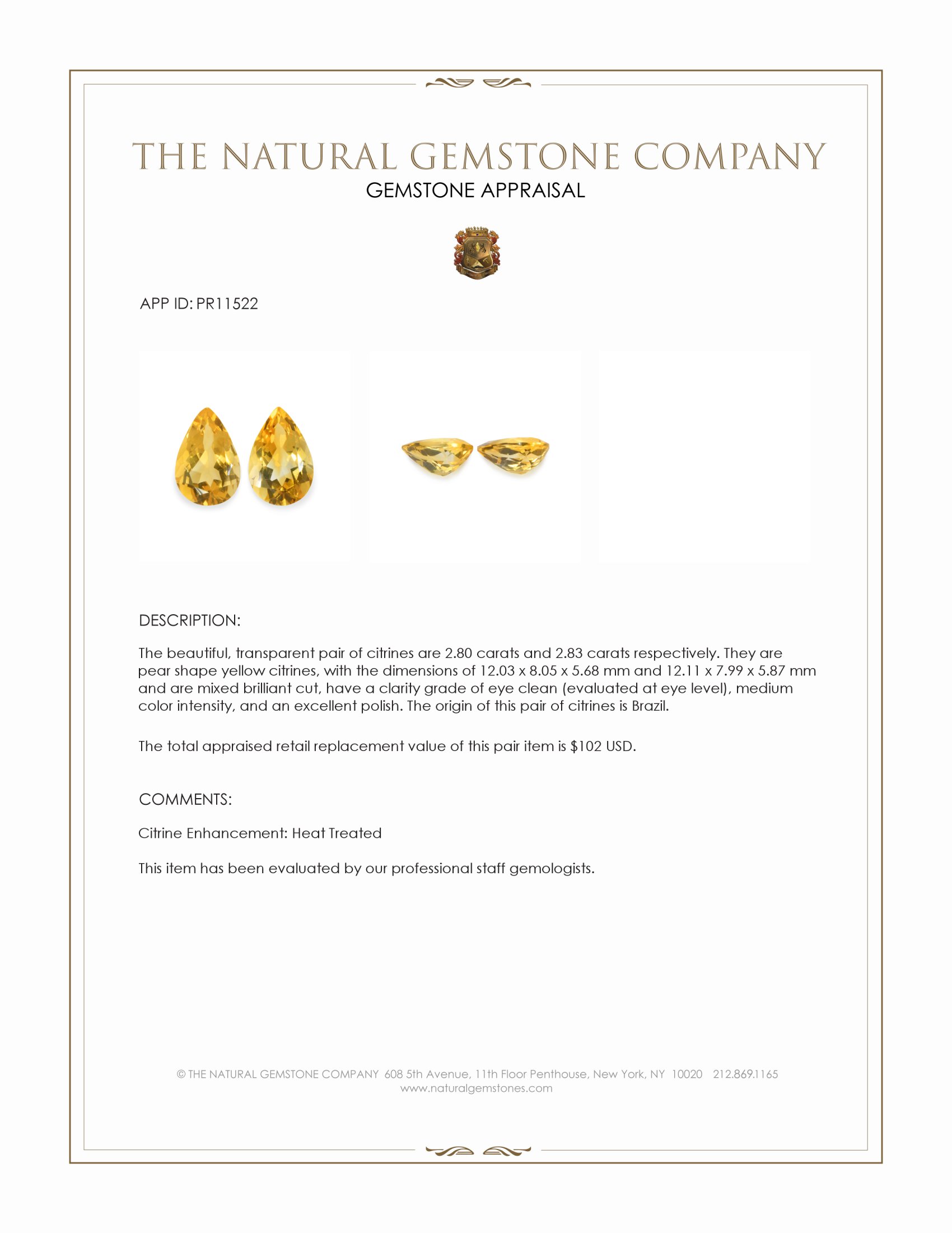 5.63 Ct.Tw. Yellow Citrine Pair from Brazil
