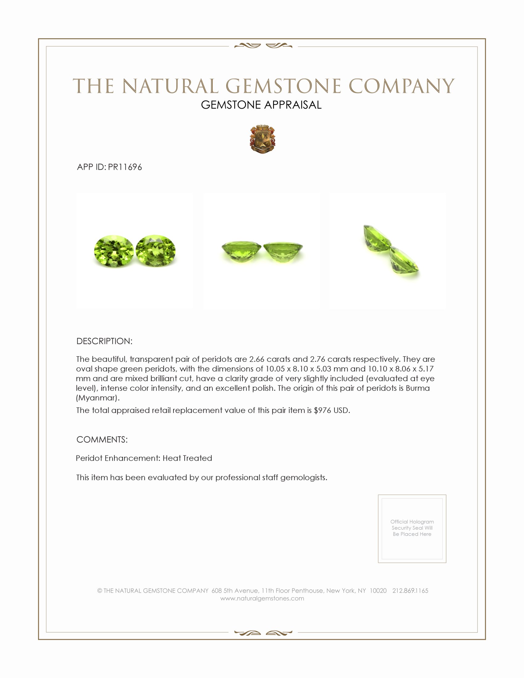5.42 Ct.Tw. Green Peridot Pair from Burma (Myanmar)